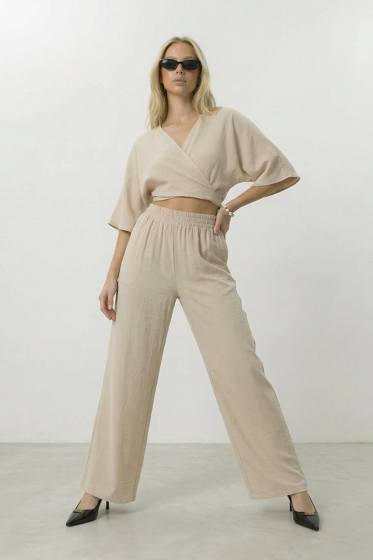 Kruvaze Yaka Bluz Ve Pantolon Takım