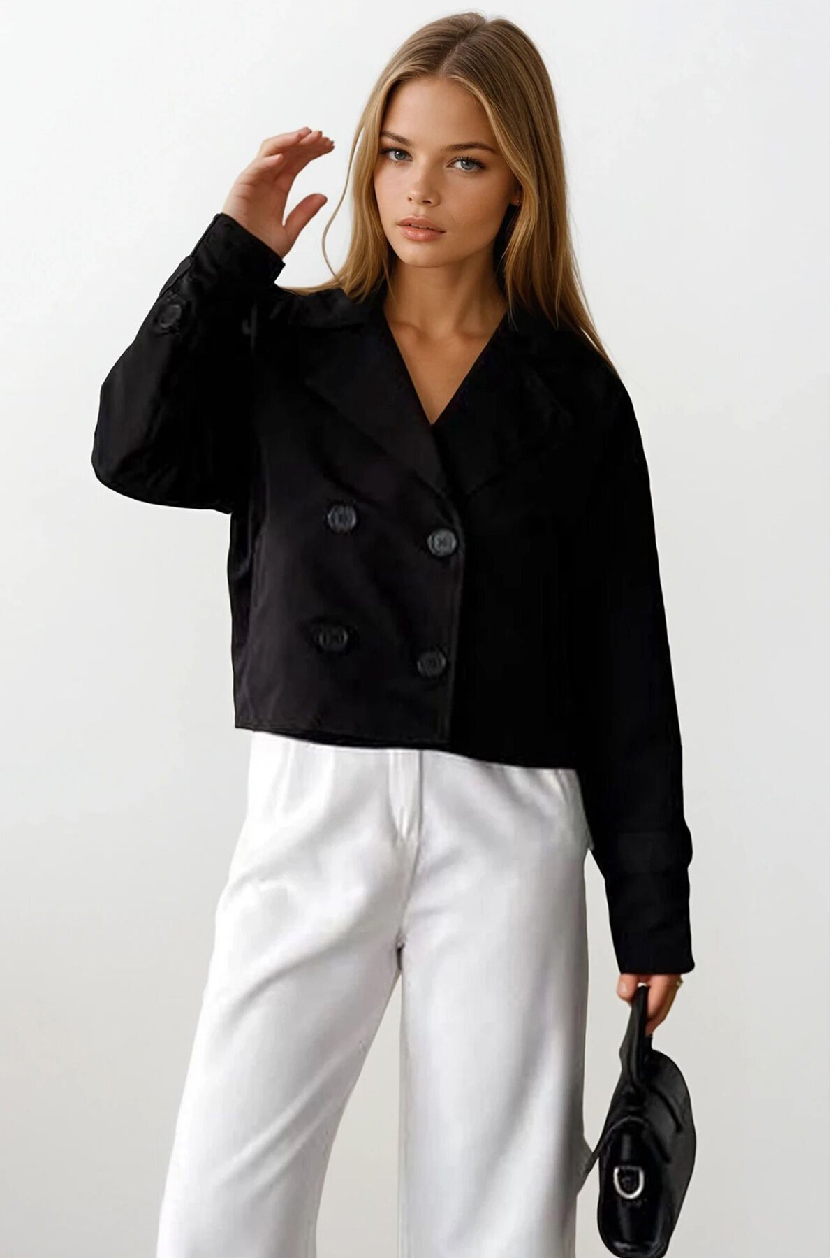 Kruvaze Yaka İçi Astarlı Kısa Trenç Ceket