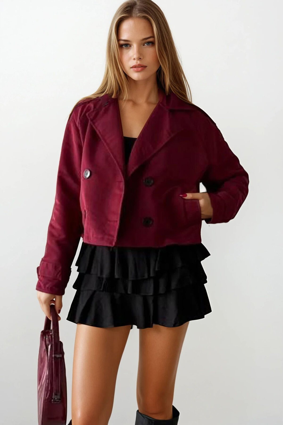 Kruvaze Yaka İçi Astarlı Kısa Trenç Ceket