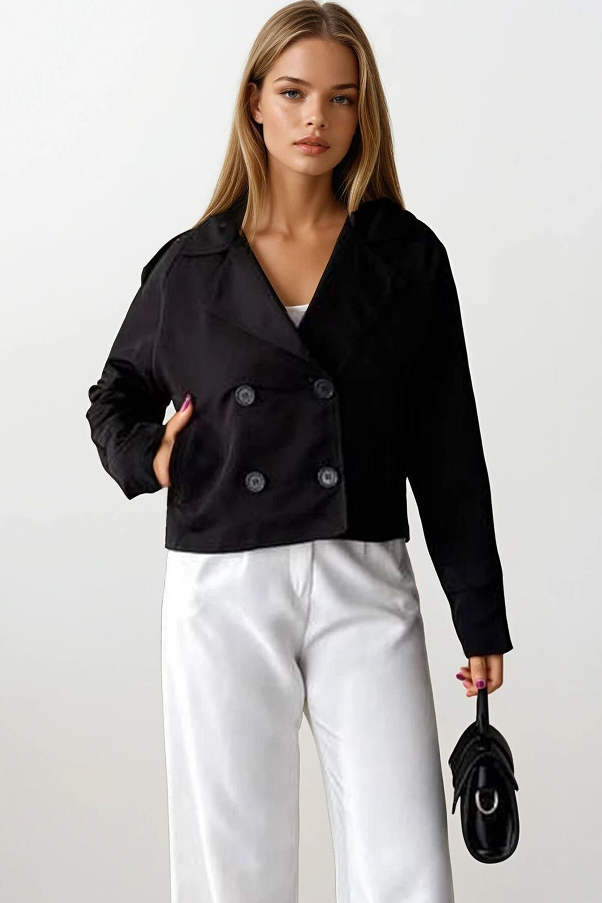 Kruvaze Yaka İçi Astarlı Kısa Trenç Ceket