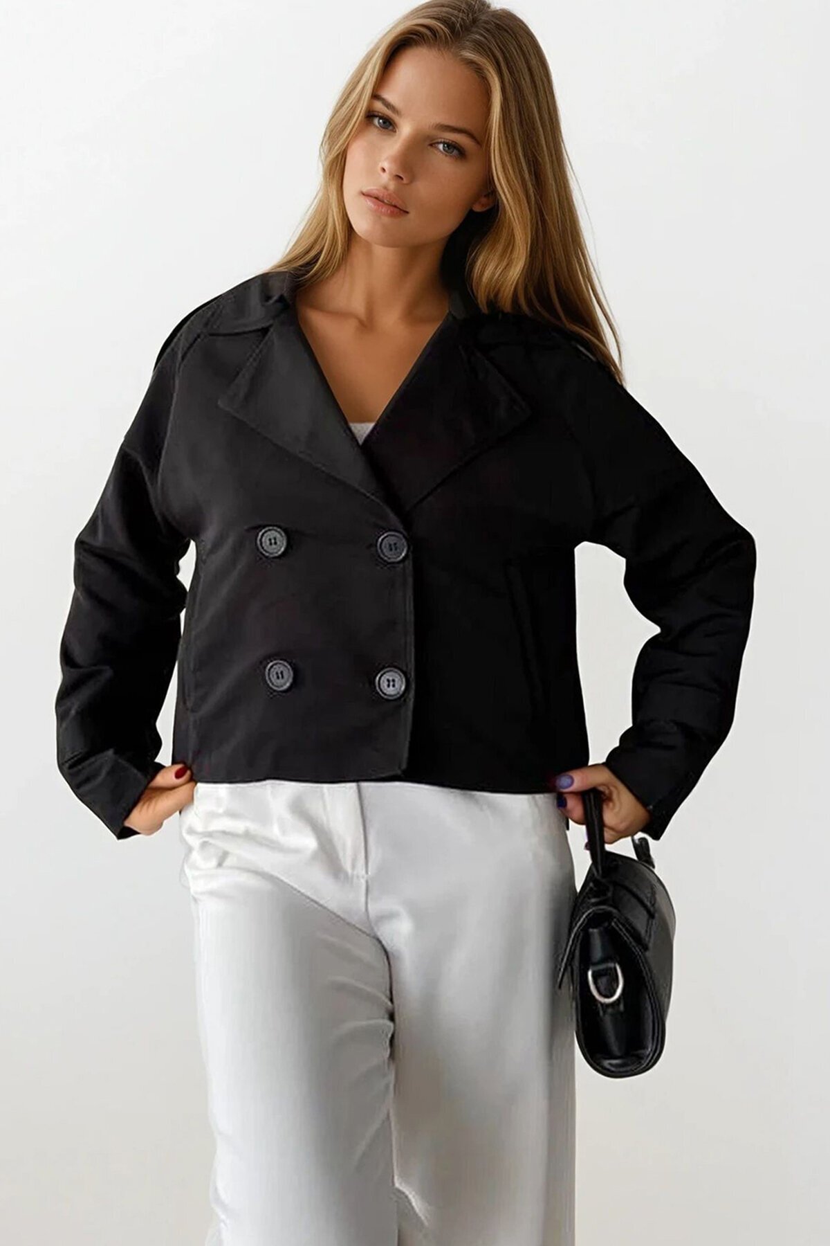 Kruvaze Yaka İçi Astarlı Kısa Trenç Ceket