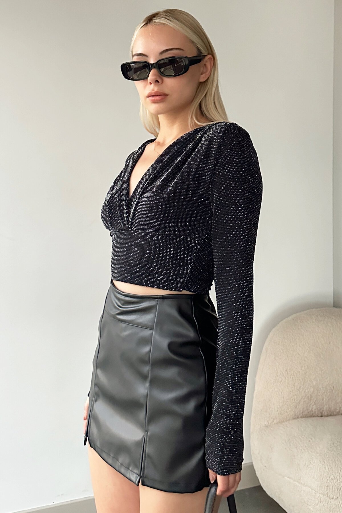 Kruvaze Yaka Simli Crop Bluz