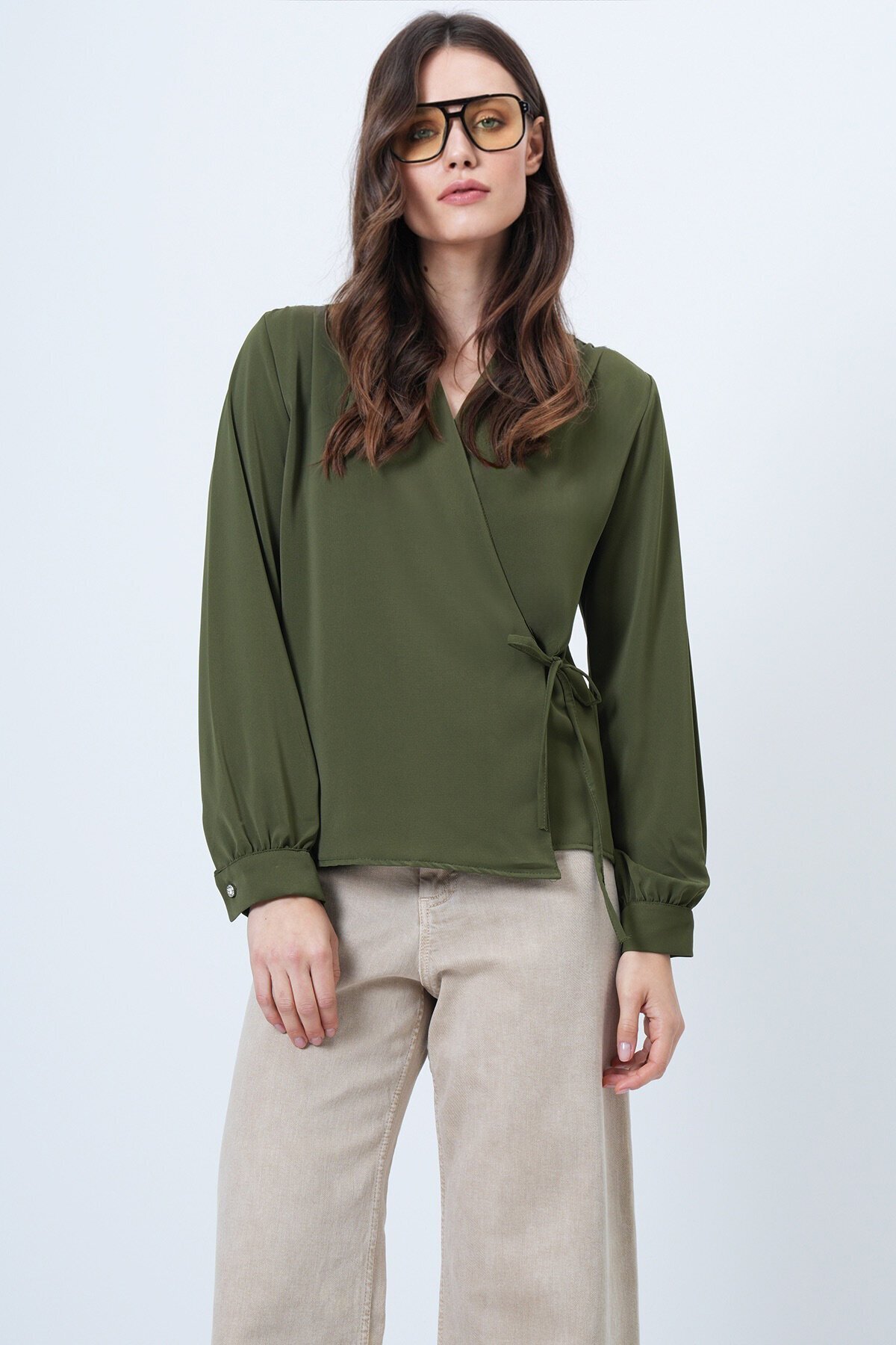 Kruvaze Yaka Yandan Bağlamalı Bluz