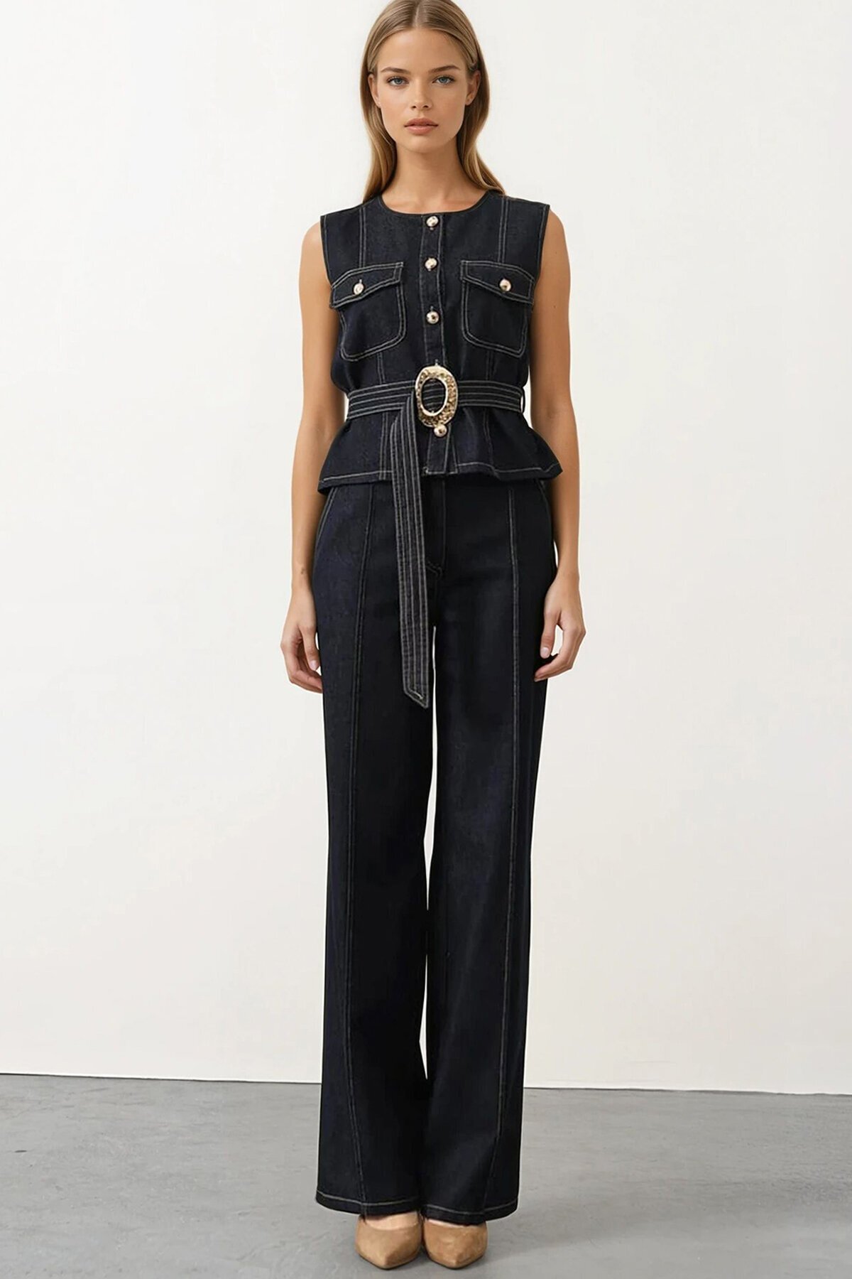 Kuşaklı Denim Bluz ve Çımalı Pantolon Denim Takım