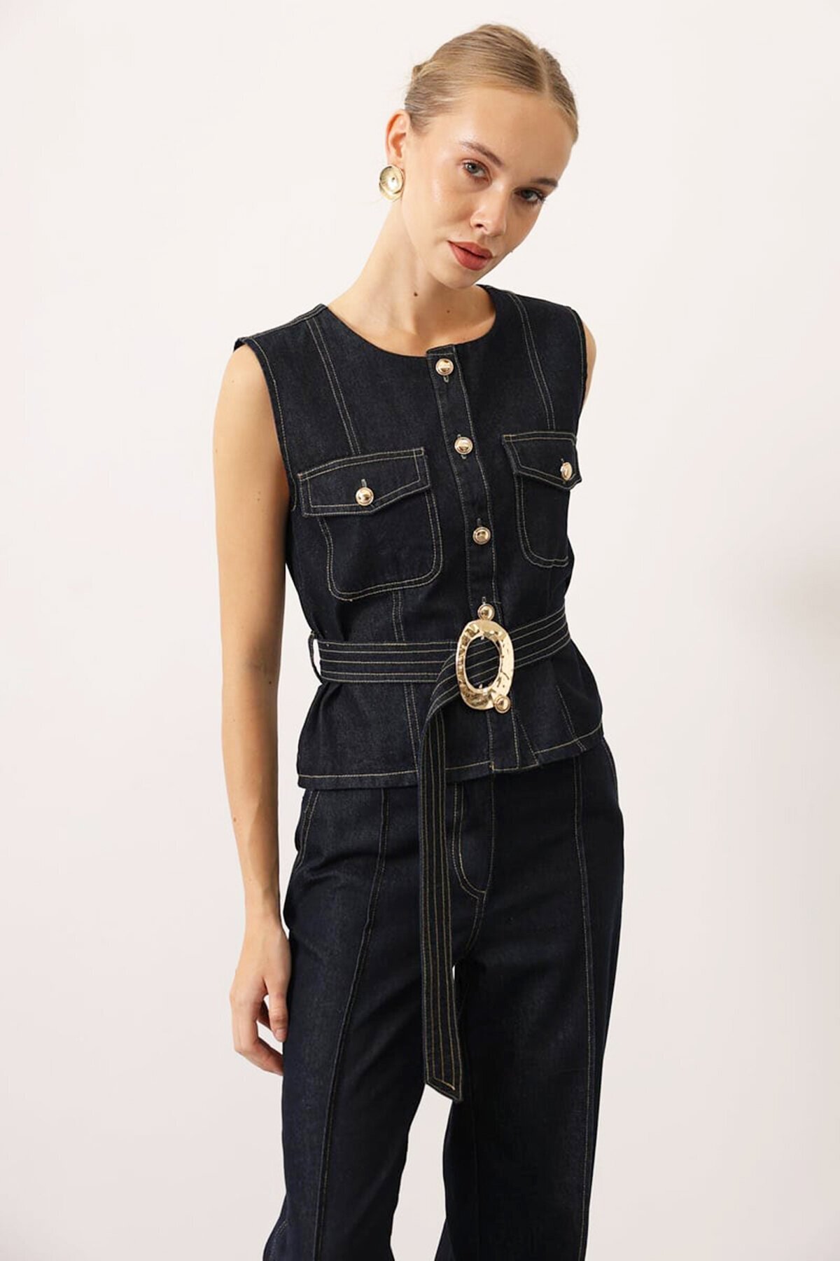 Kuşaklı Denim Bluz ve Çımalı Pantolon Denim Takım