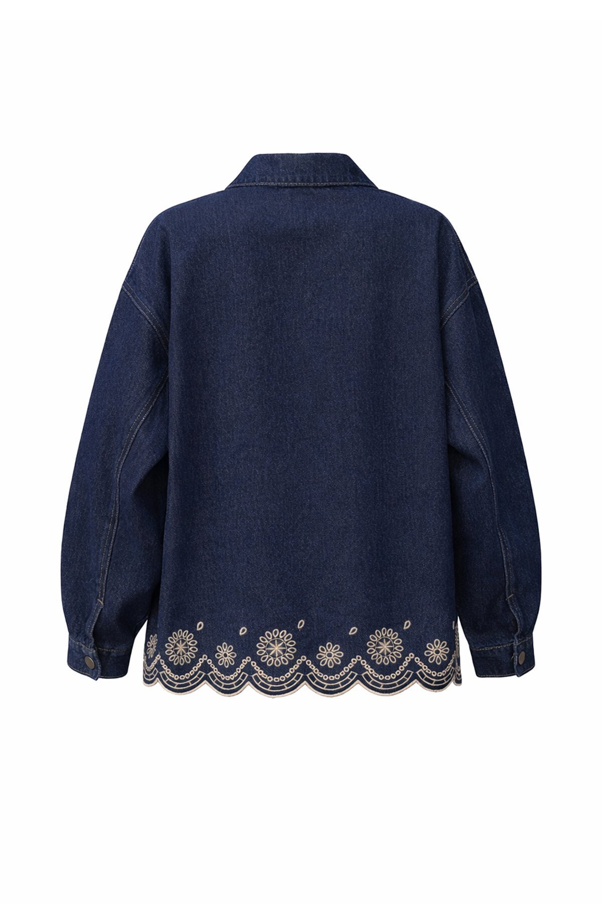 Lacivert Çift Cepli Düğme Kapamalı Etnik Nakışlı Oversize Jean Ceket