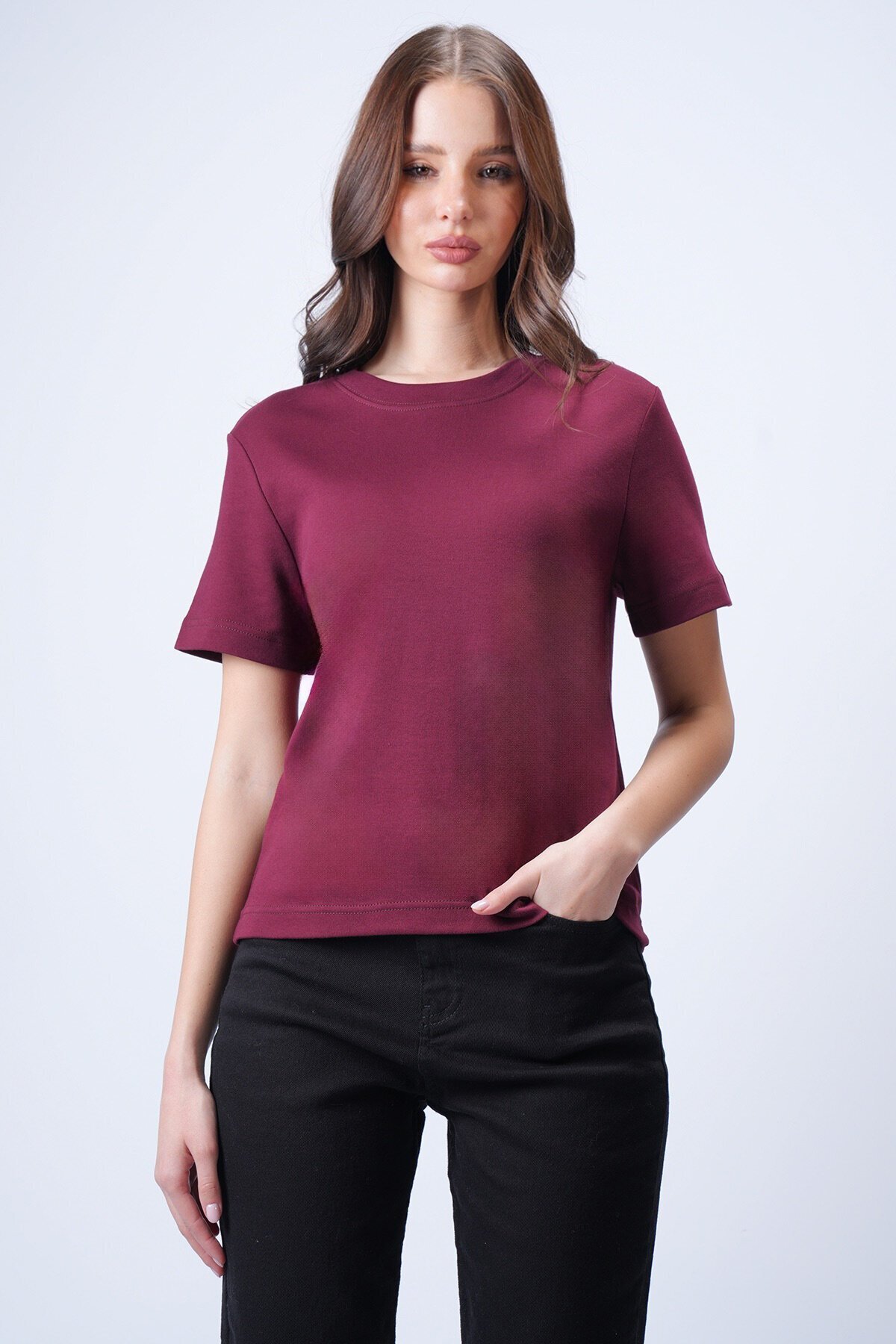 Bordo Likralı Kısa T-Shirt