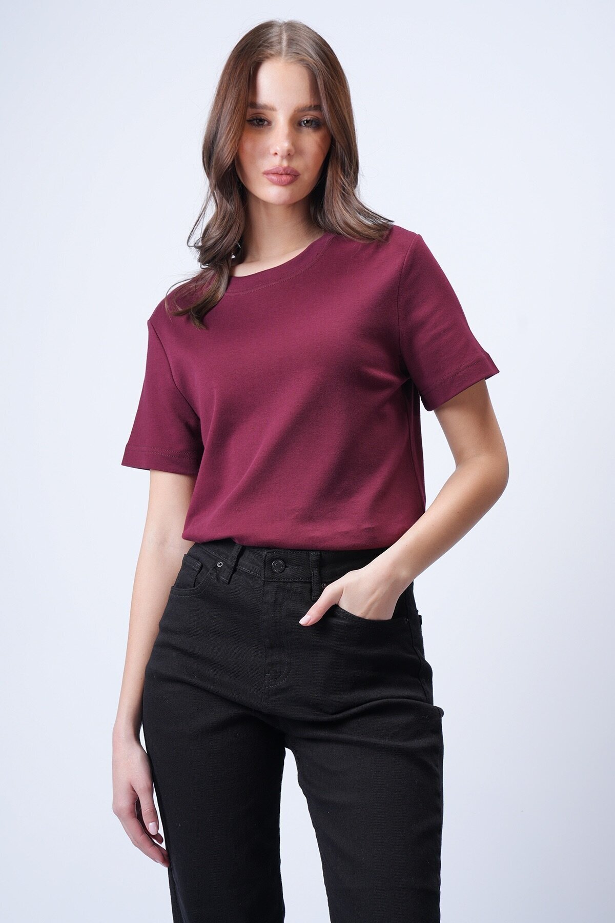 Bordo Likralı Kısa T-Shirt