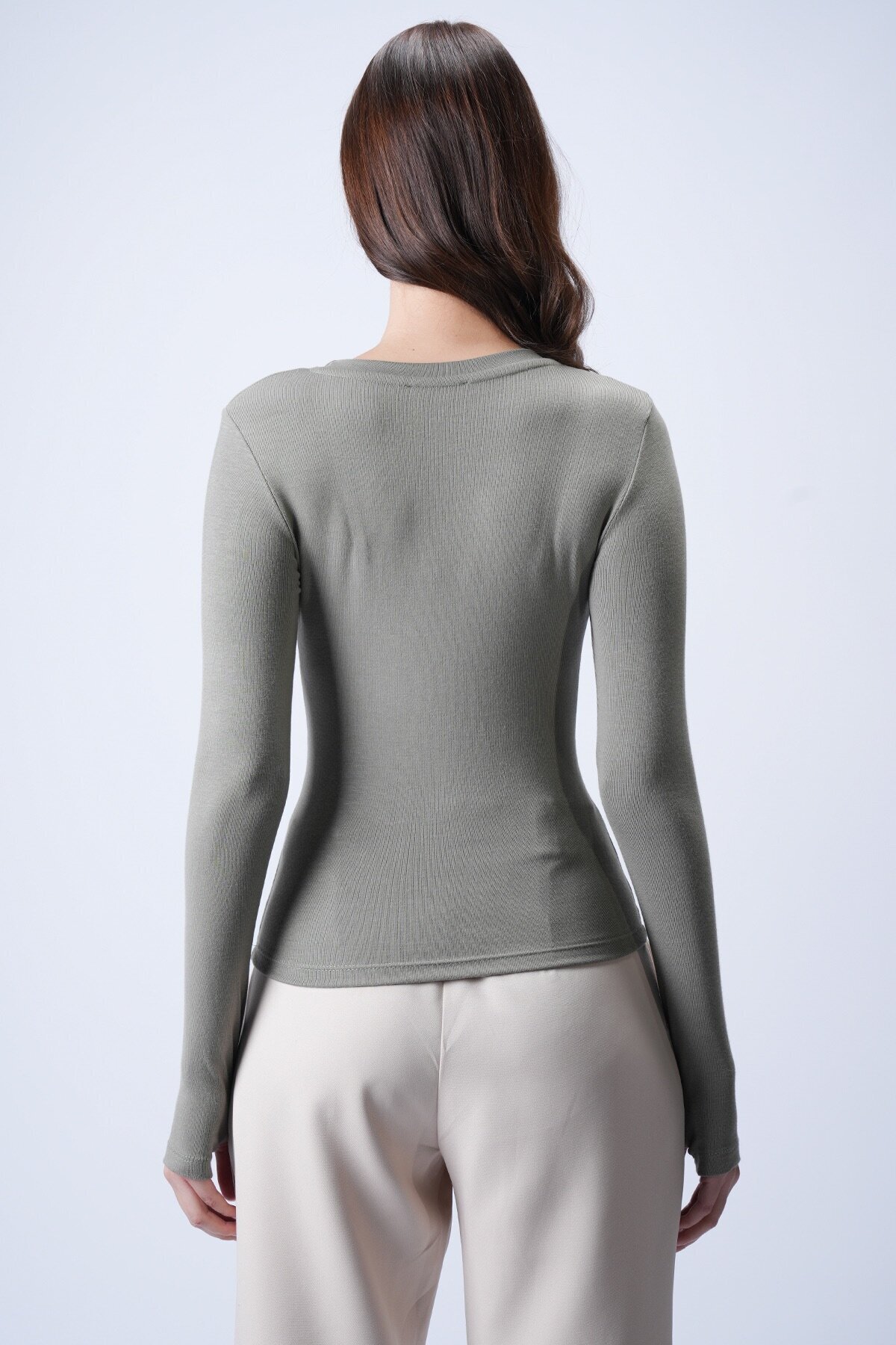 Çağla Yeşili Likralı Uzun Kollu Bluz