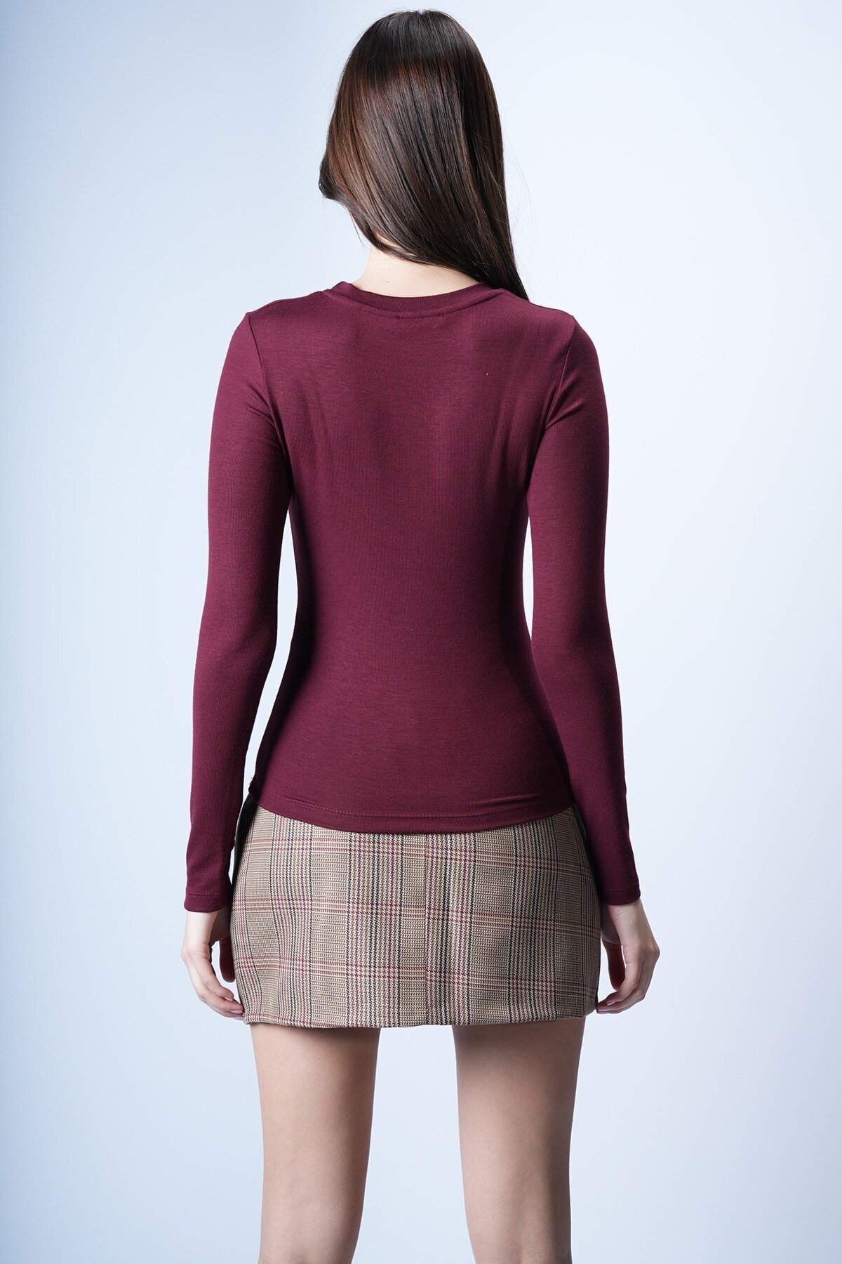 Bordo Likralı Uzun Kollu Bluz
