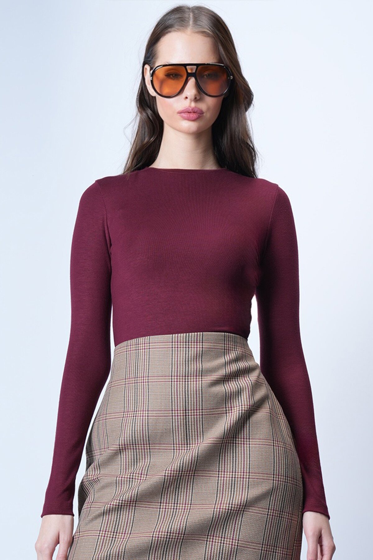 Bordo Likralı Uzun Kollu Bluz