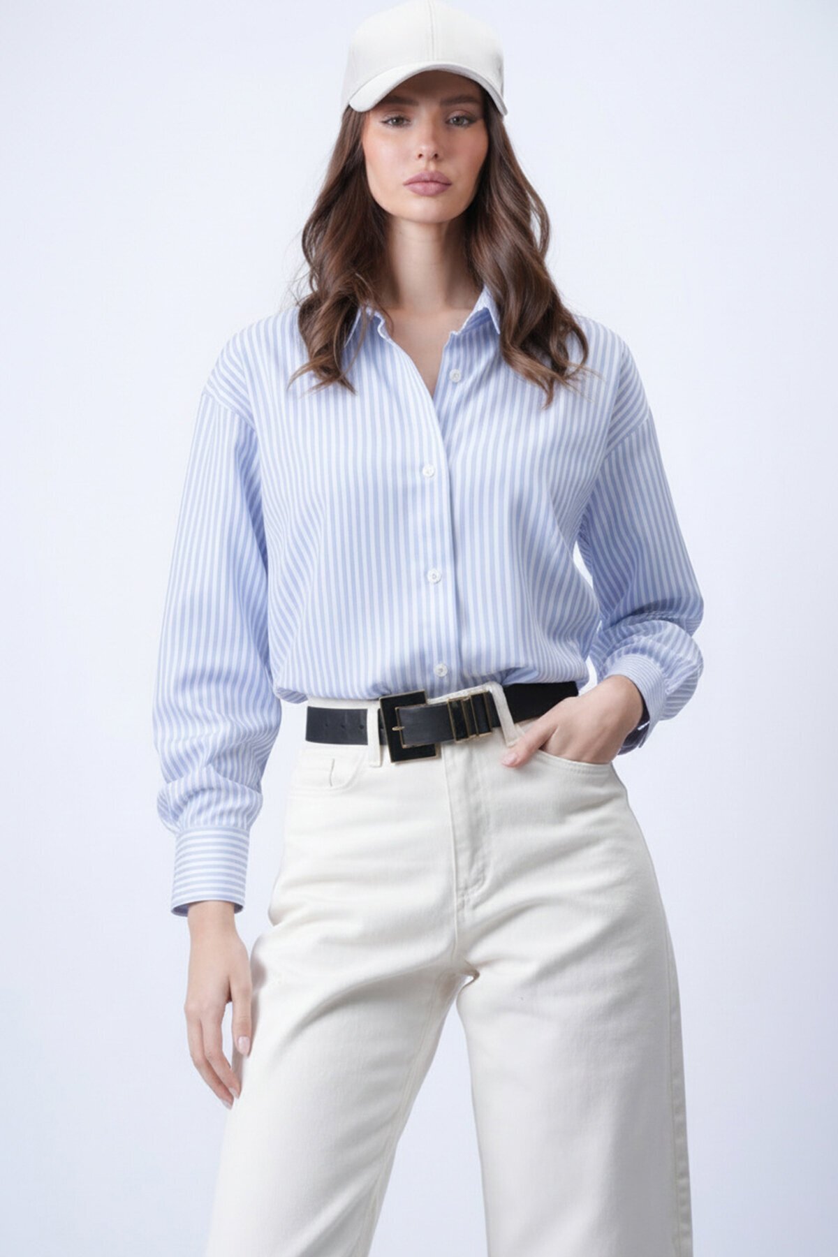 Mavi Oval Kesim Çizgili Oversize Gömlek