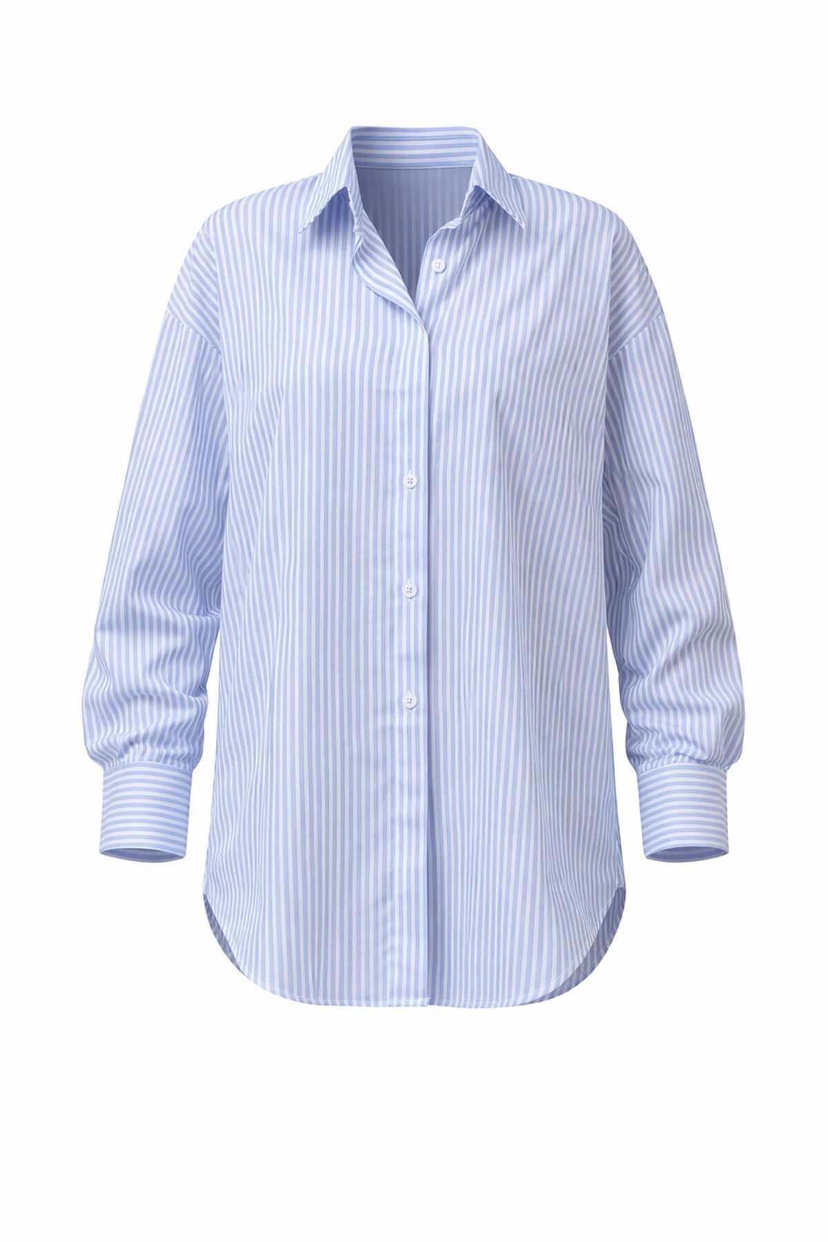 Mavi Oval Kesim Çizgili Oversize Gömlek