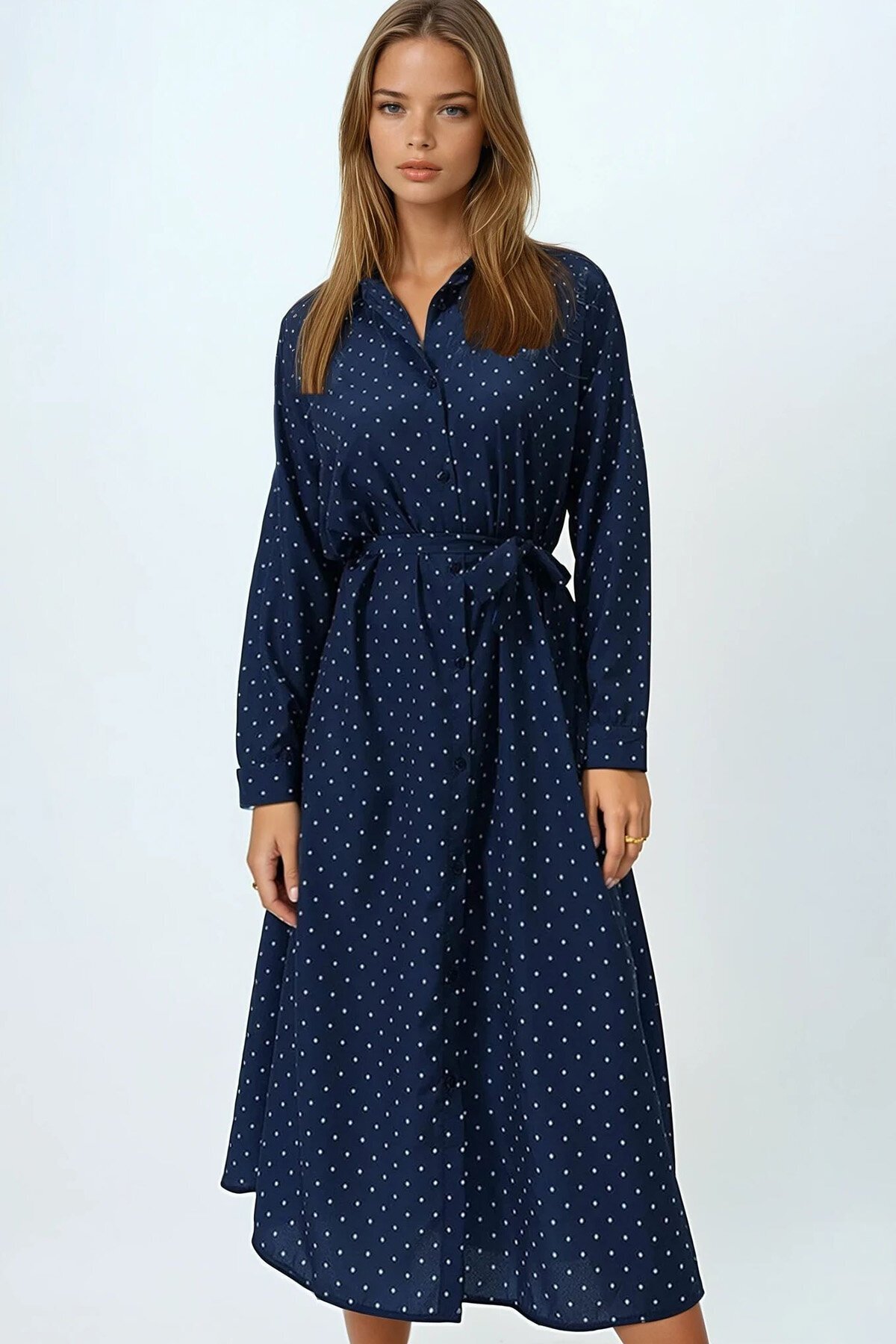 Okyanus Mavisi Puantiye Desenli Dokuma Viscon Gömlek Elbise