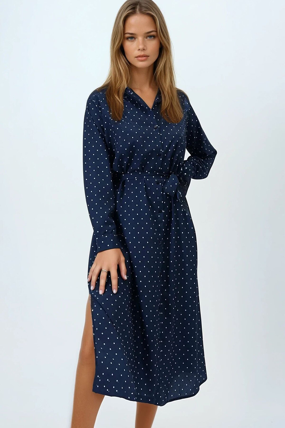 Okyanus Mavisi Puantiye Desenli Dokuma Viscon Gömlek Elbise