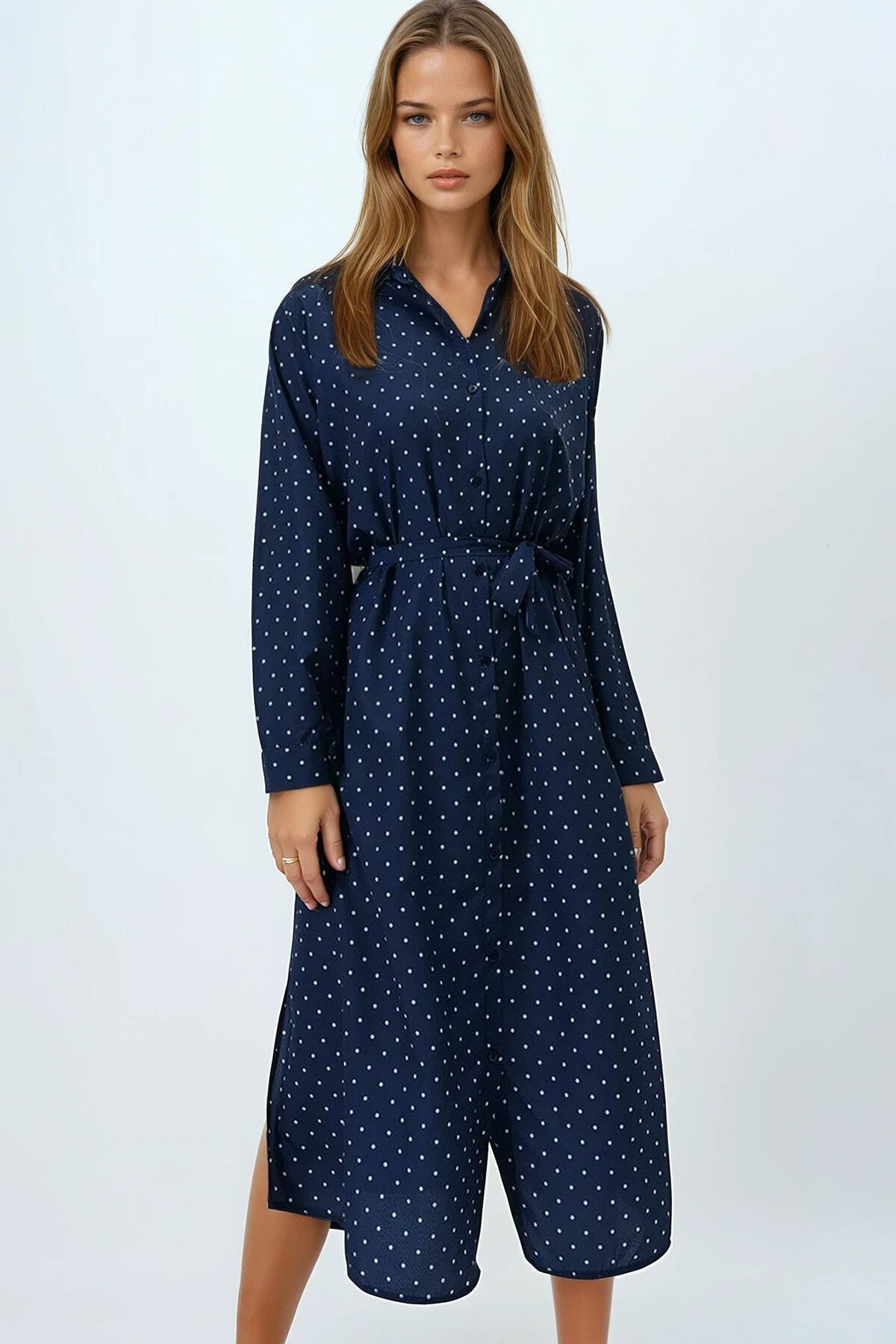 Okyanus Mavisi Puantiye Desenli Dokuma Viscon Gömlek Elbise