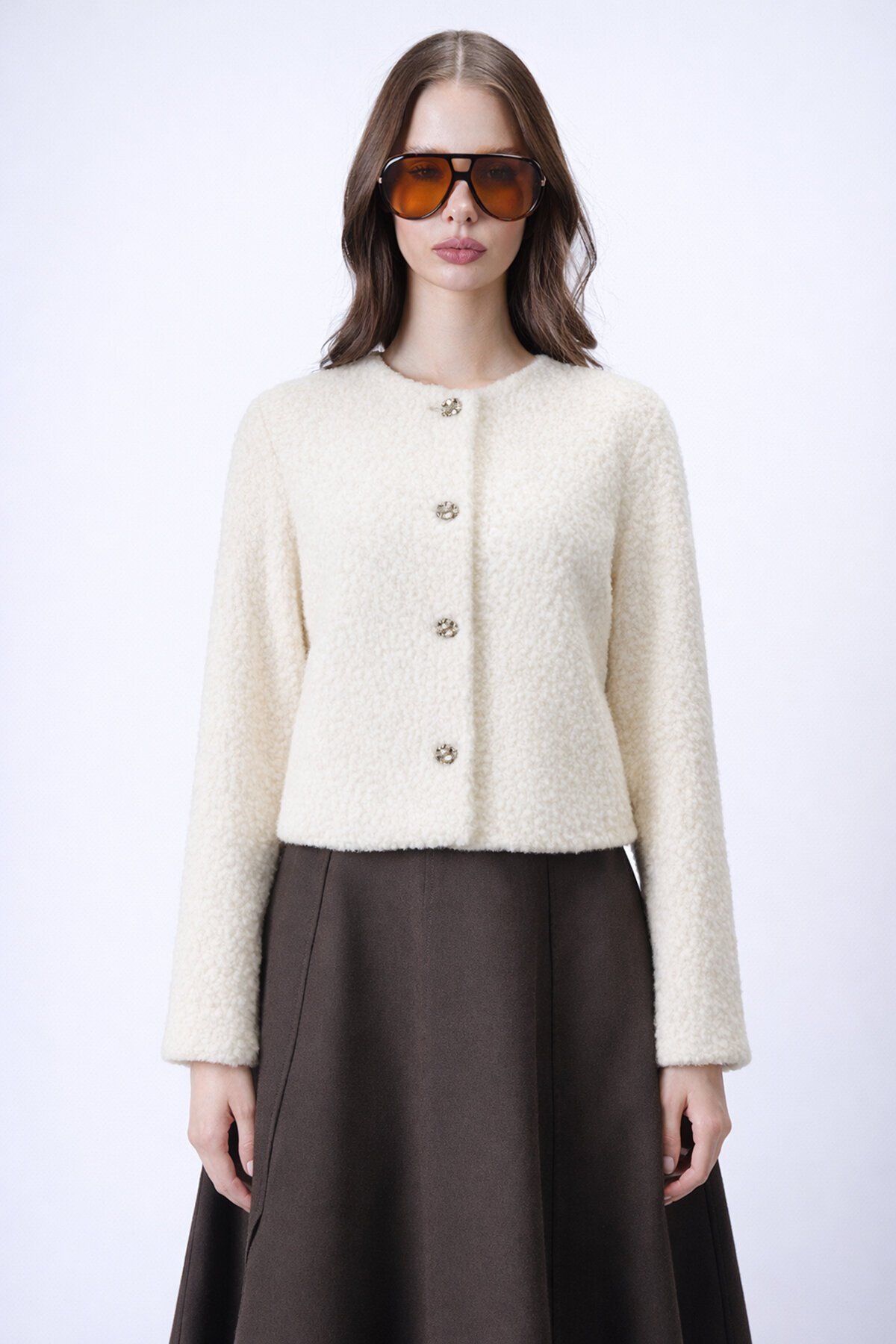 Önü Düğmeli Tüylü Ceket