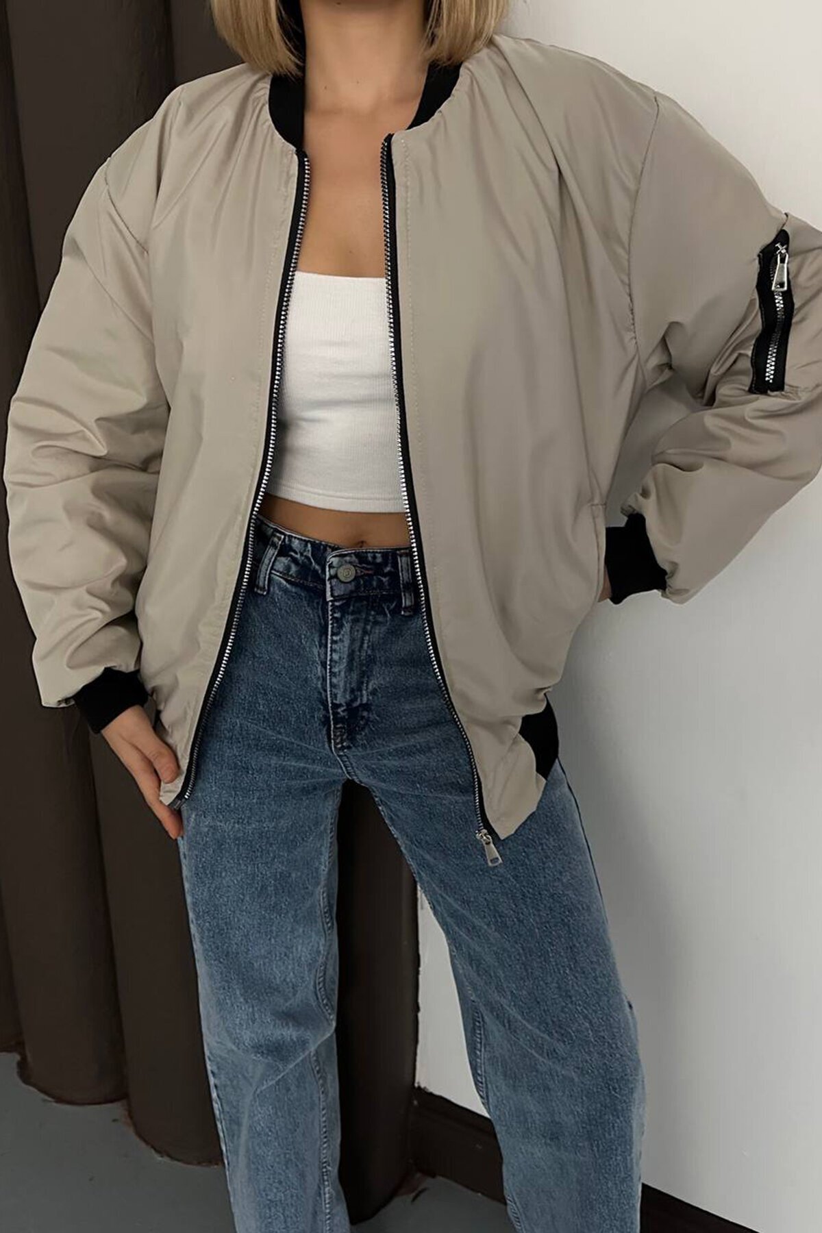 Oversize Fermuarlı Bomber Ceket