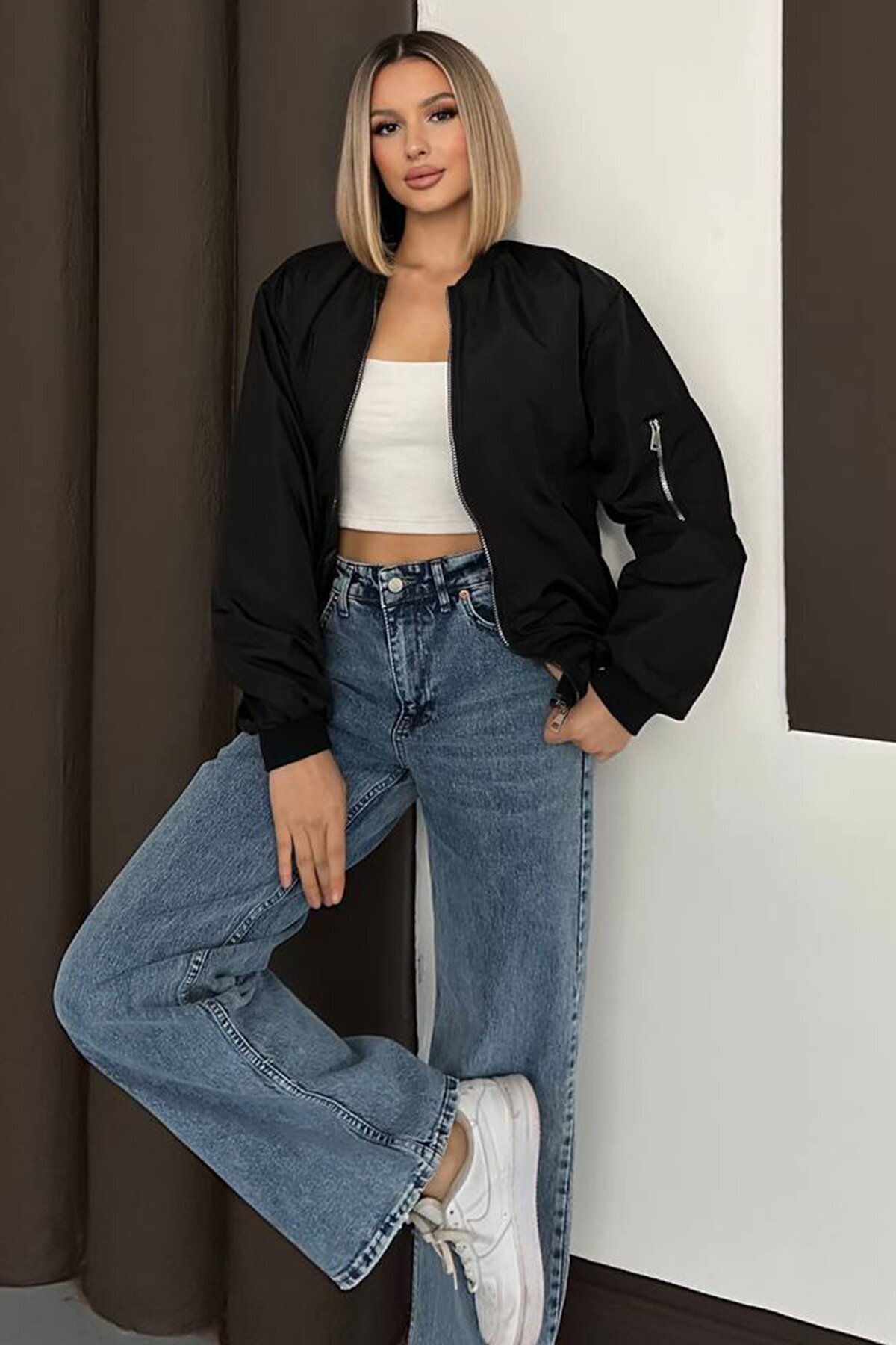 Oversize Fermuarlı Bomber Ceket