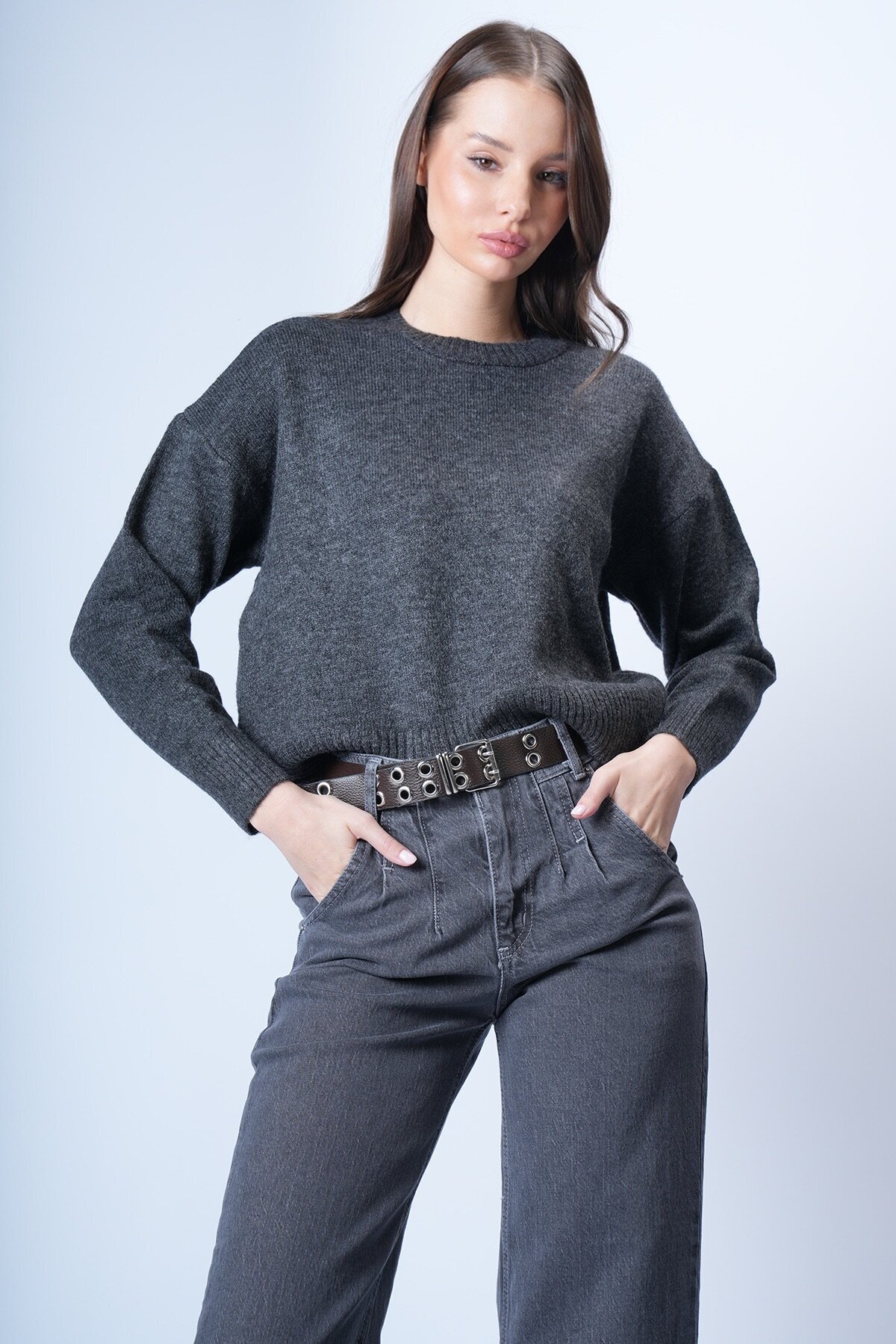 Antrasit Oversize Kısa Kazak