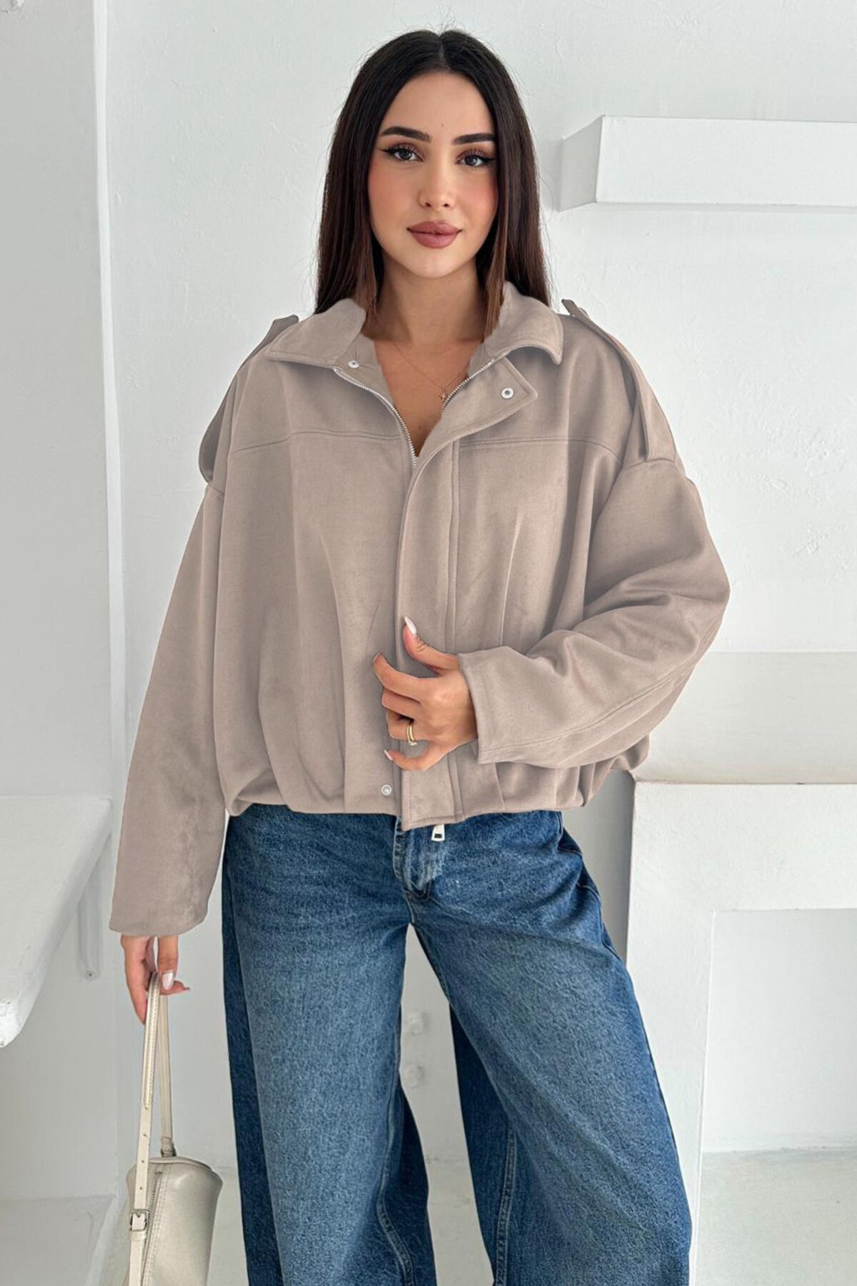 Oversize Süet Fermuarlı Ceket