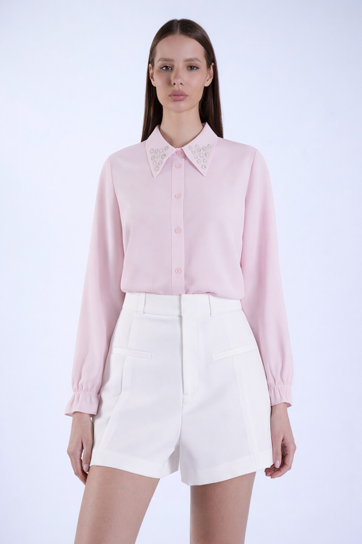 Pembe İnci Ve Taş İşlemeli Aerobin Gömlek