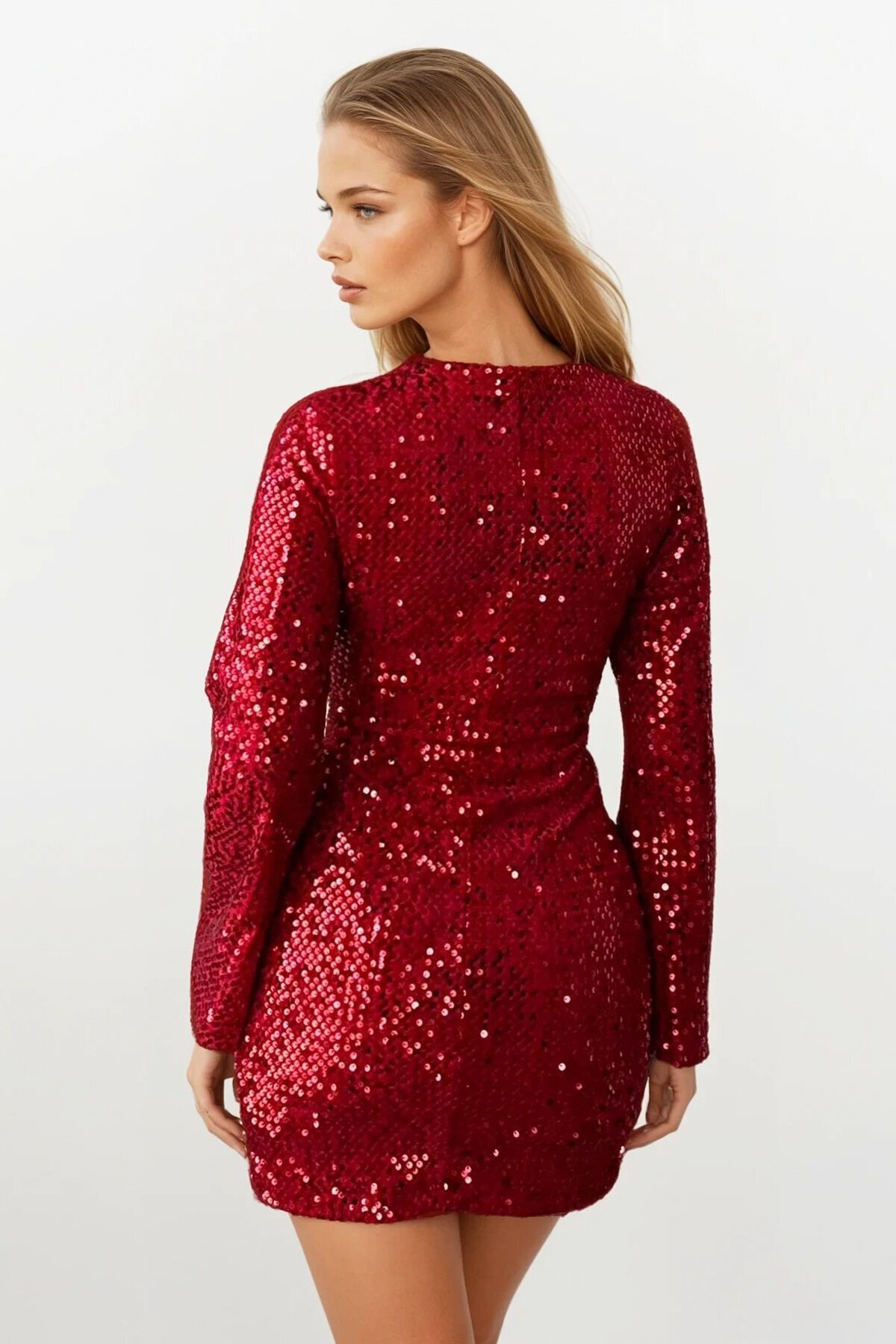 Pul Peyetli Fermuar Kapamalı Mini Elbise