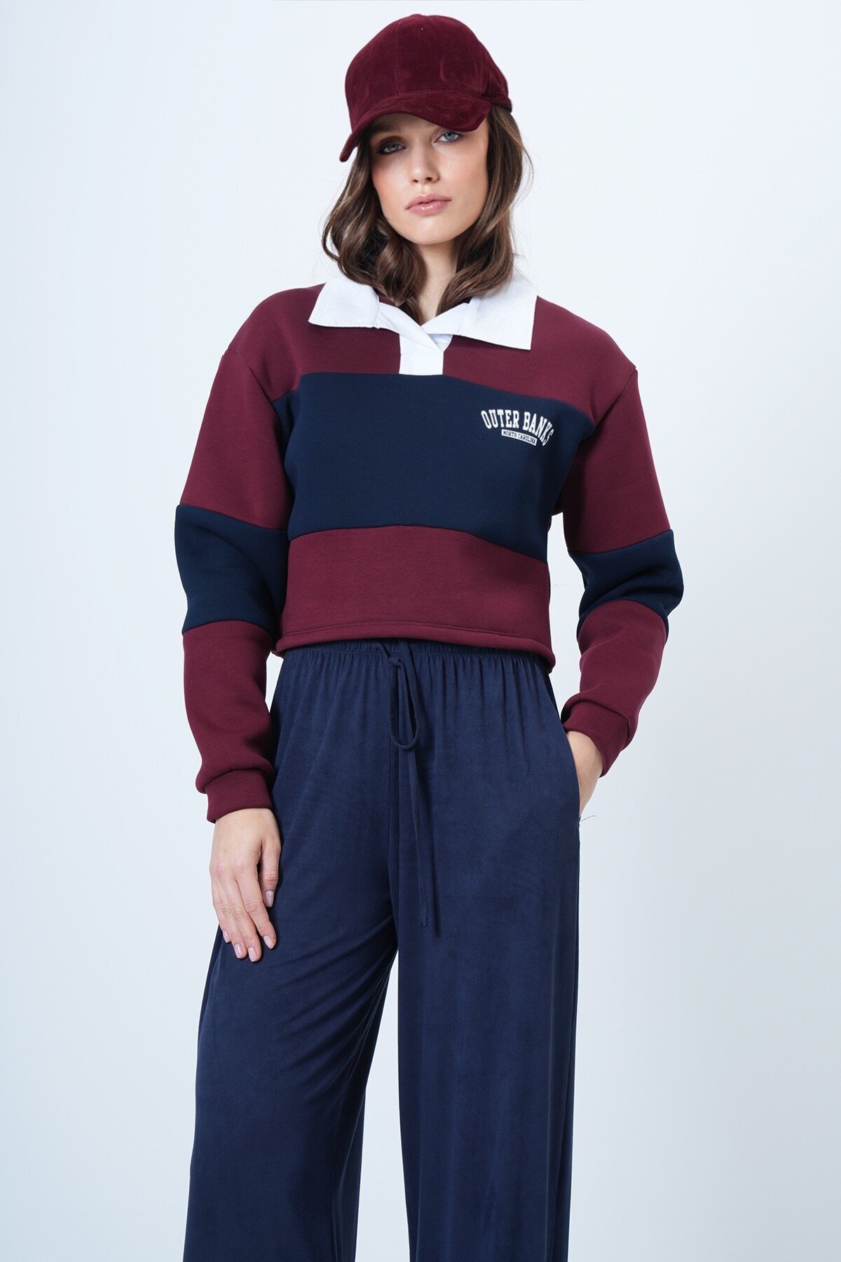 Renk Bloklu Polo Yaka Sweatshirt