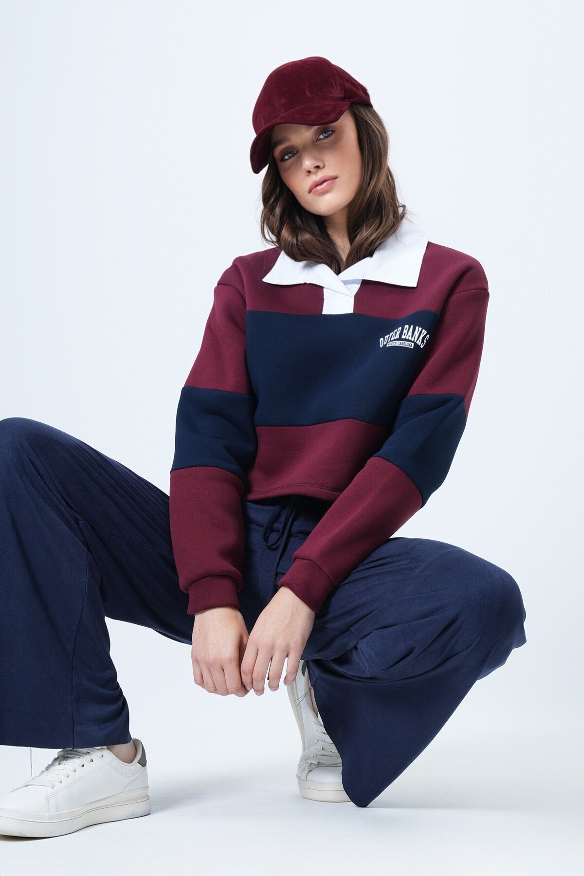 Renk Bloklu Polo Yaka Sweatshirt