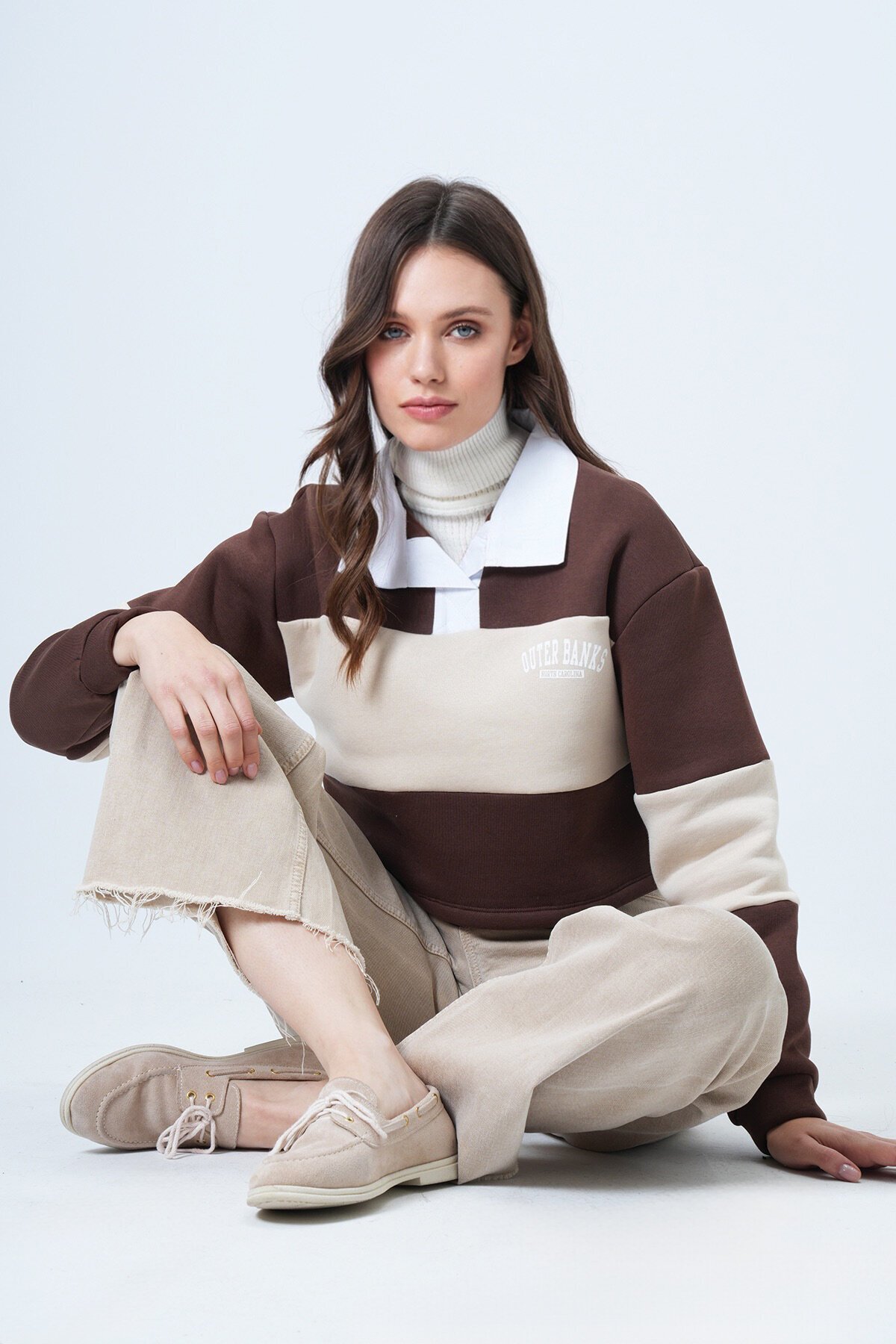 Renk Bloklu Polo Yaka Sweatshirt