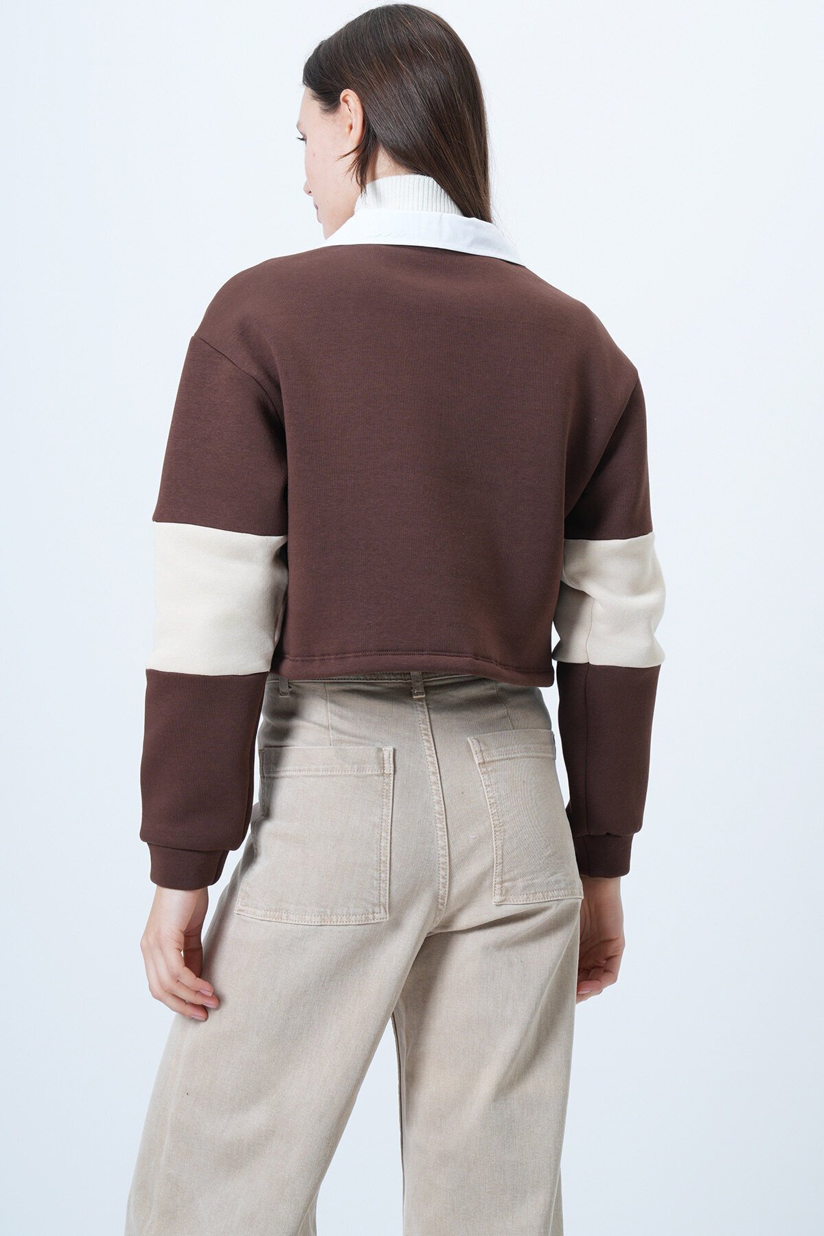 Renk Bloklu Polo Yaka Sweatshirt