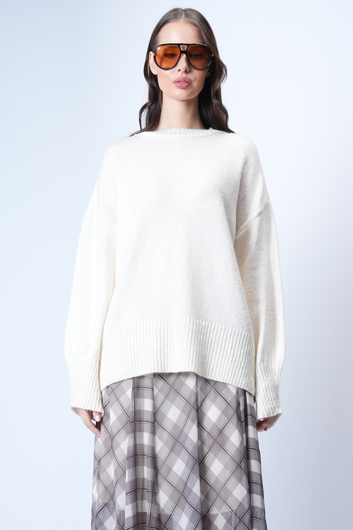 Krem Ribanalı Triko Kazak