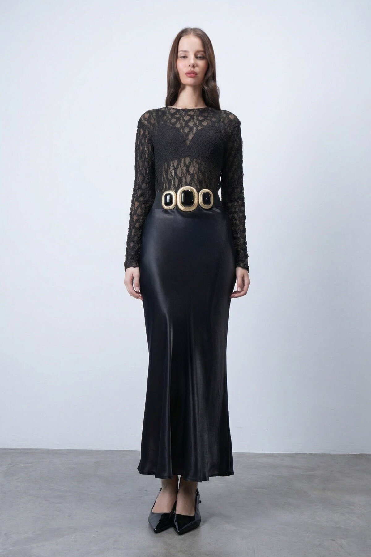 Siyah Saten Maxi Etek