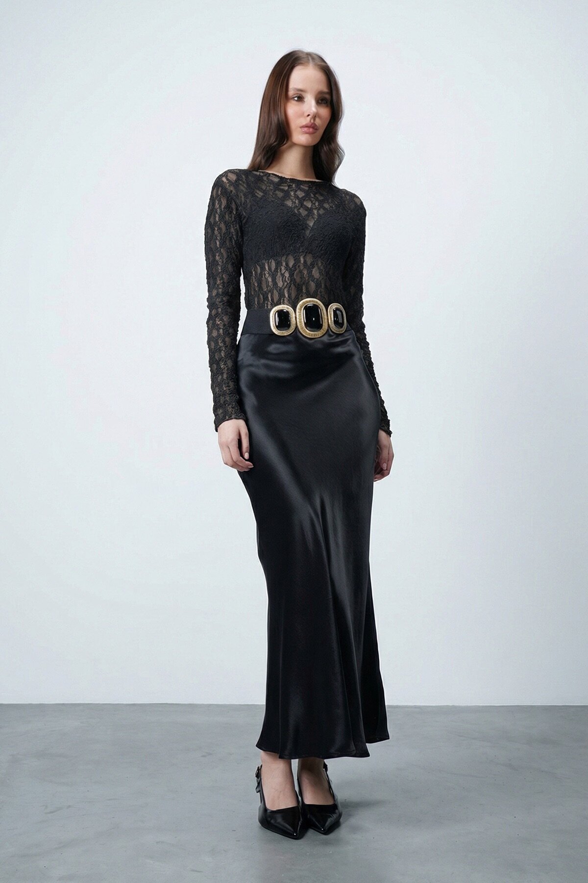 Siyah Saten Maxi Etek