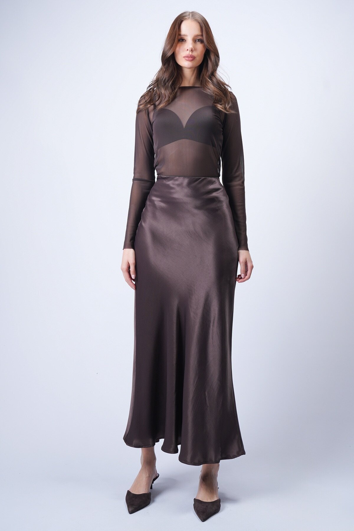 Acı Kahve Saten Maxi Etek