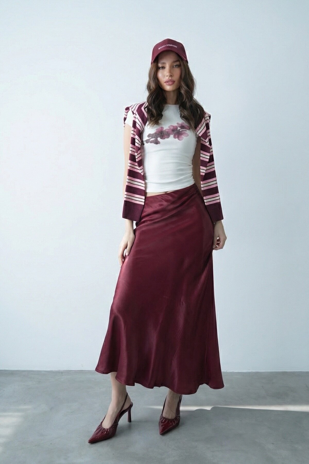 Bordo Saten Maxi Etek