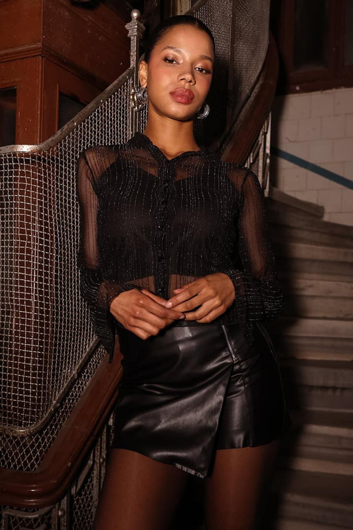 Simli Atletli Tül Gömlek