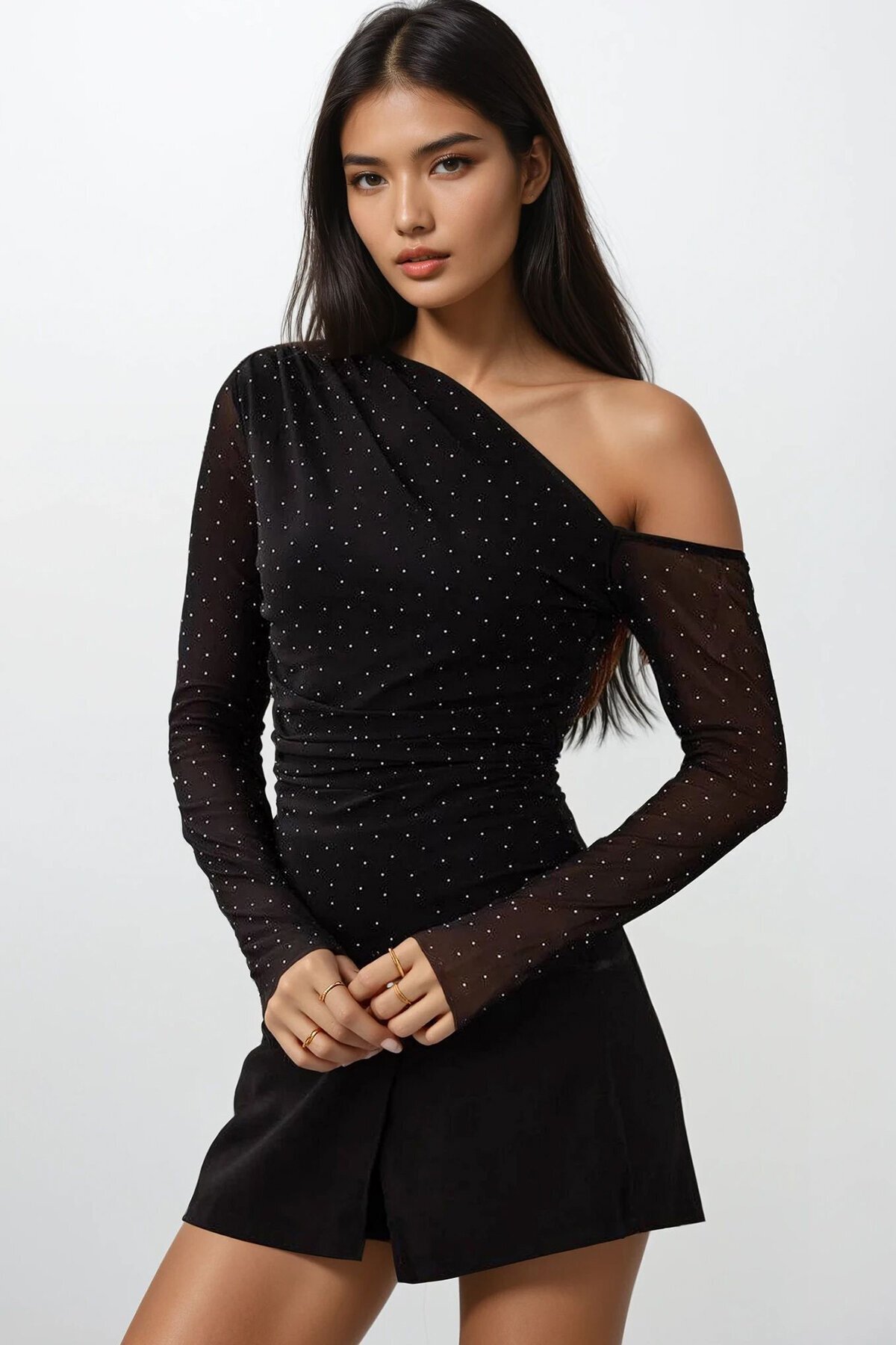 Simli Tek Omuz Drapeli Tül Detaylı Bluz