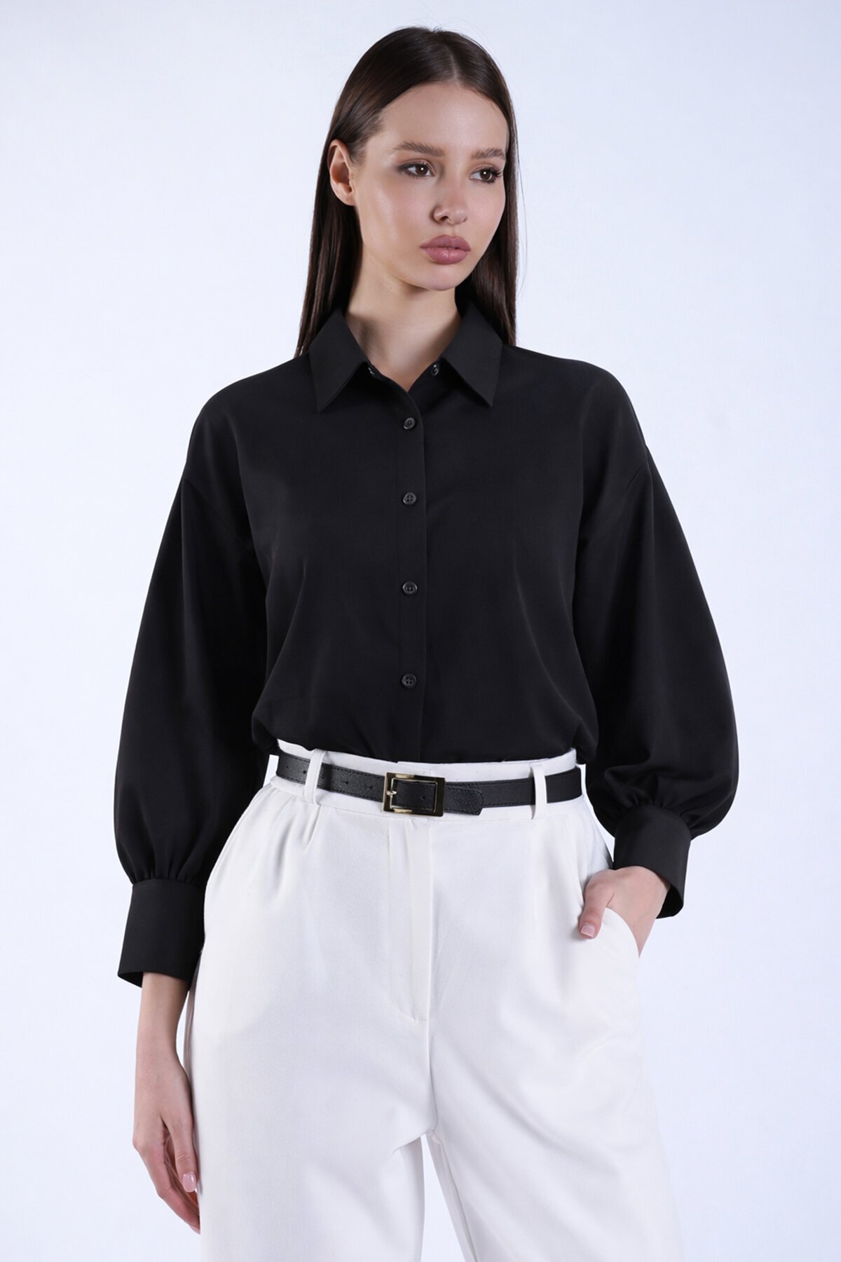 Siyah Balon Kol Gizli Patlı Dokuma Gömlek