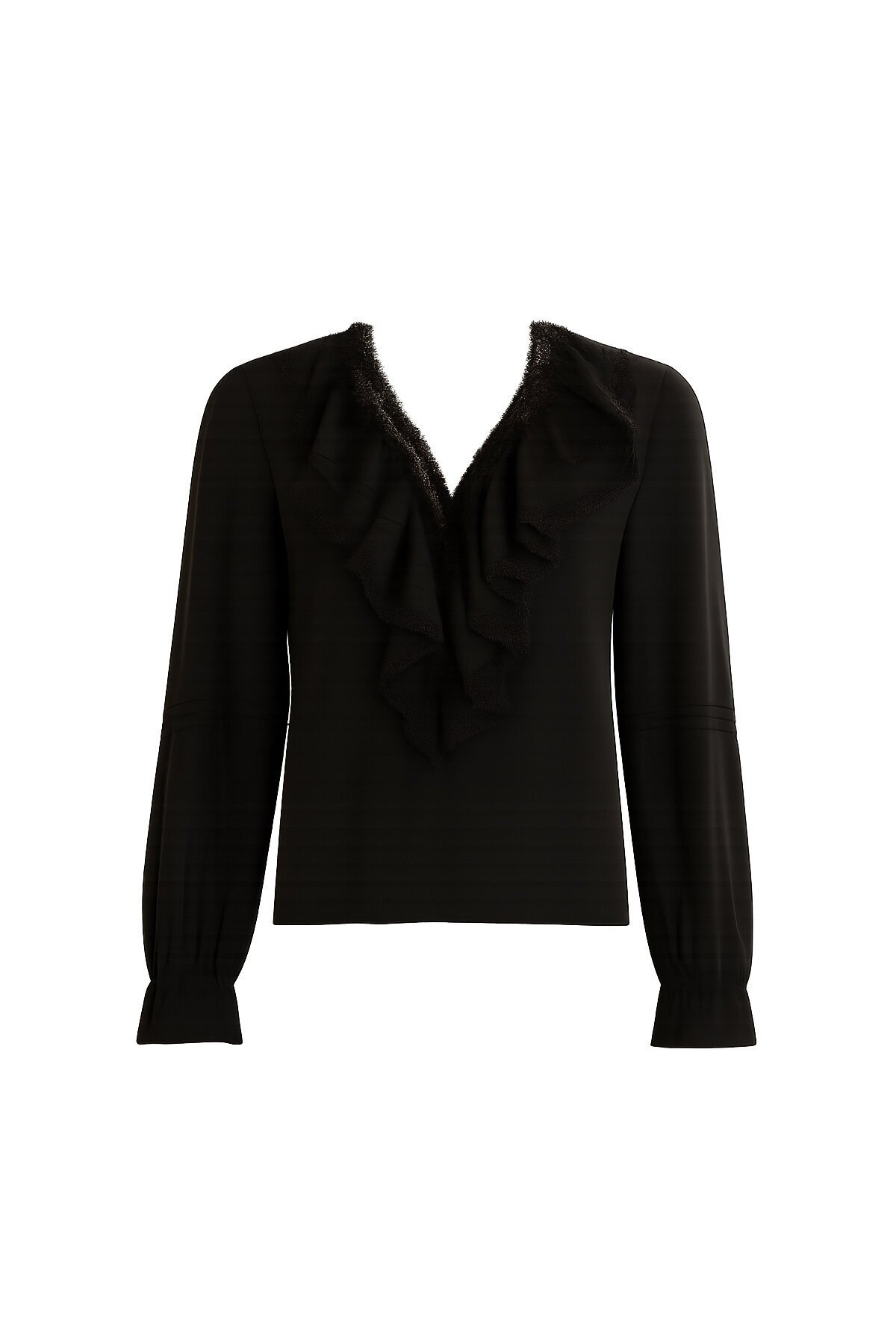 Siyah Bebe Yaka Fisto Ve Nervür Detaylı Önü Fırfırlı Dokuma Bluz