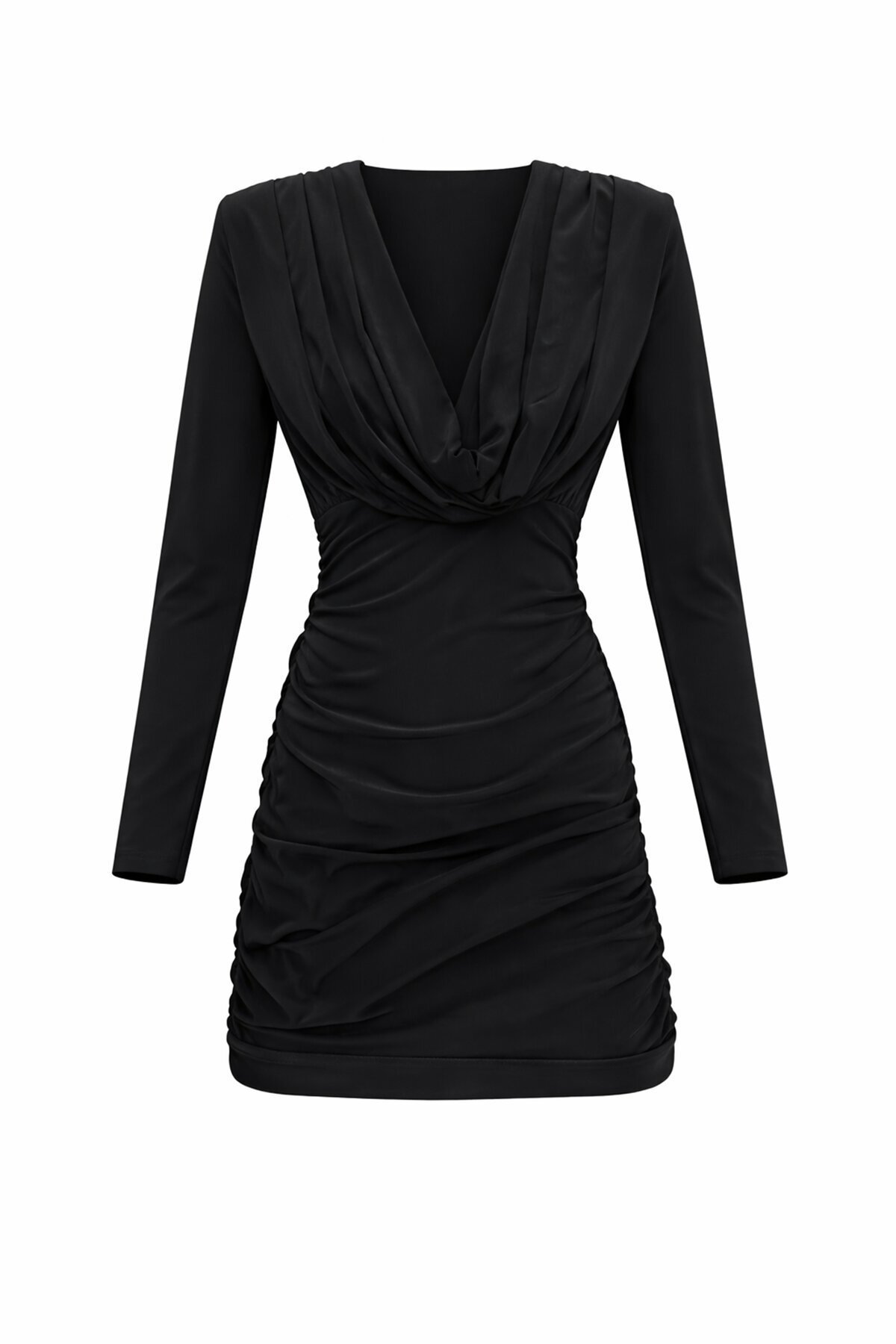 Siyah Büzgülü V Yaka Elbise