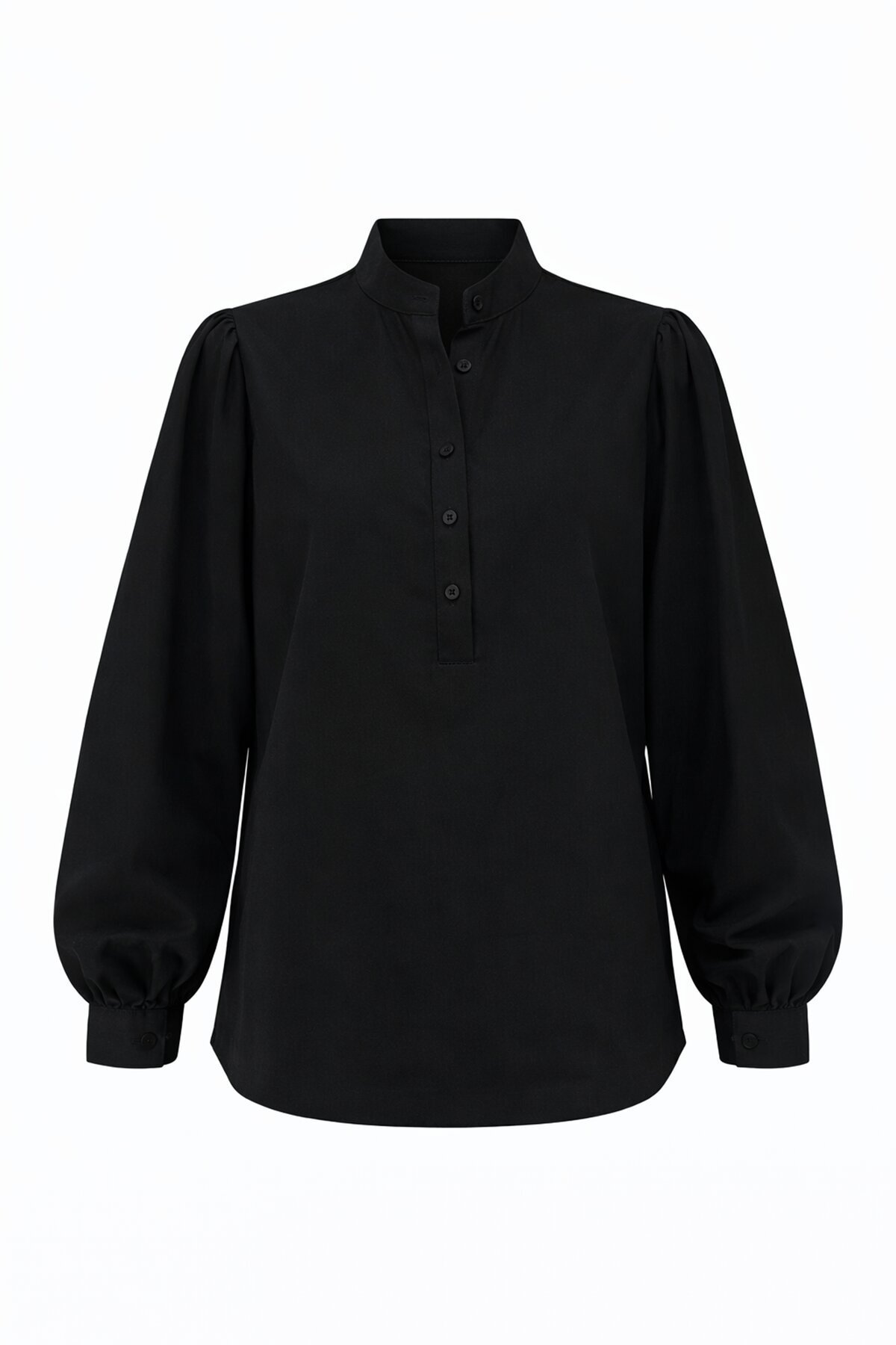 Siyah Hakim Yaka Yarım Pat Balon Kol Poplin Dokuma Gömlek