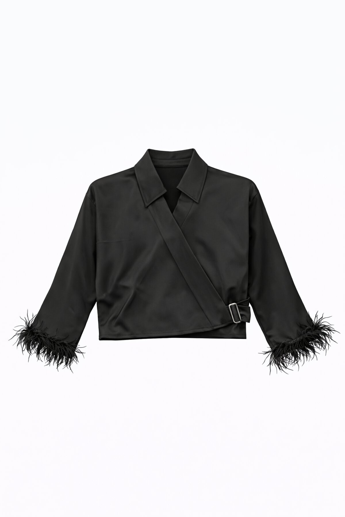 Siyah Kruvaze Püsküllü Bluz