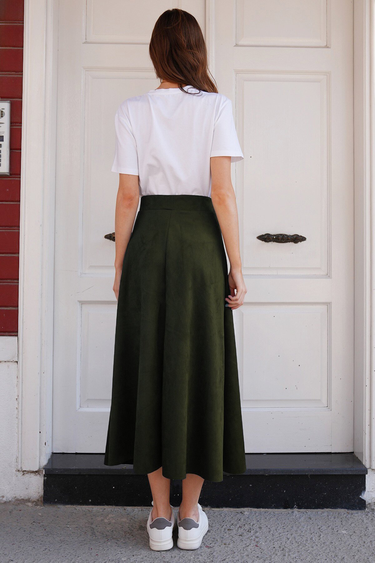 Süet Dokulu Geniş Kesim Midi Etek