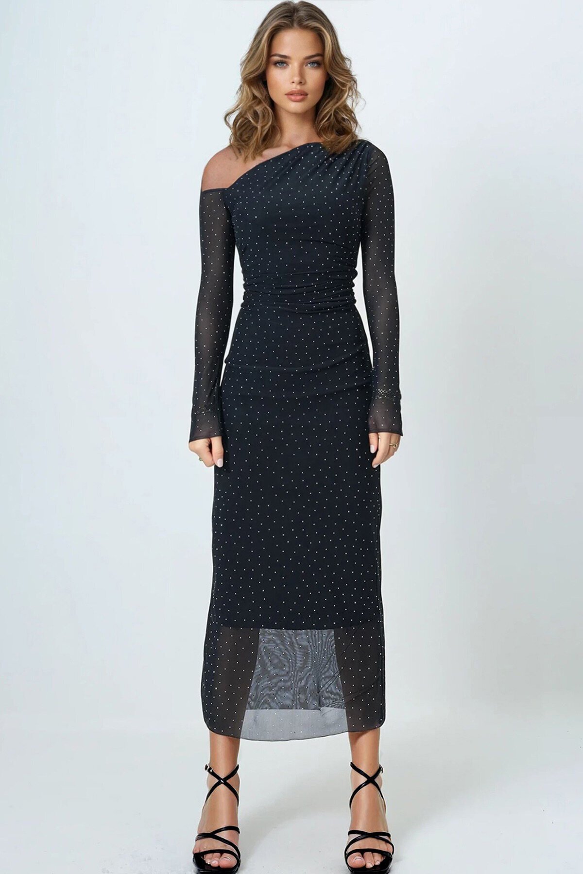 Taş İşlemeli Tek Omuz Drapeli Maxi Boy Elbise