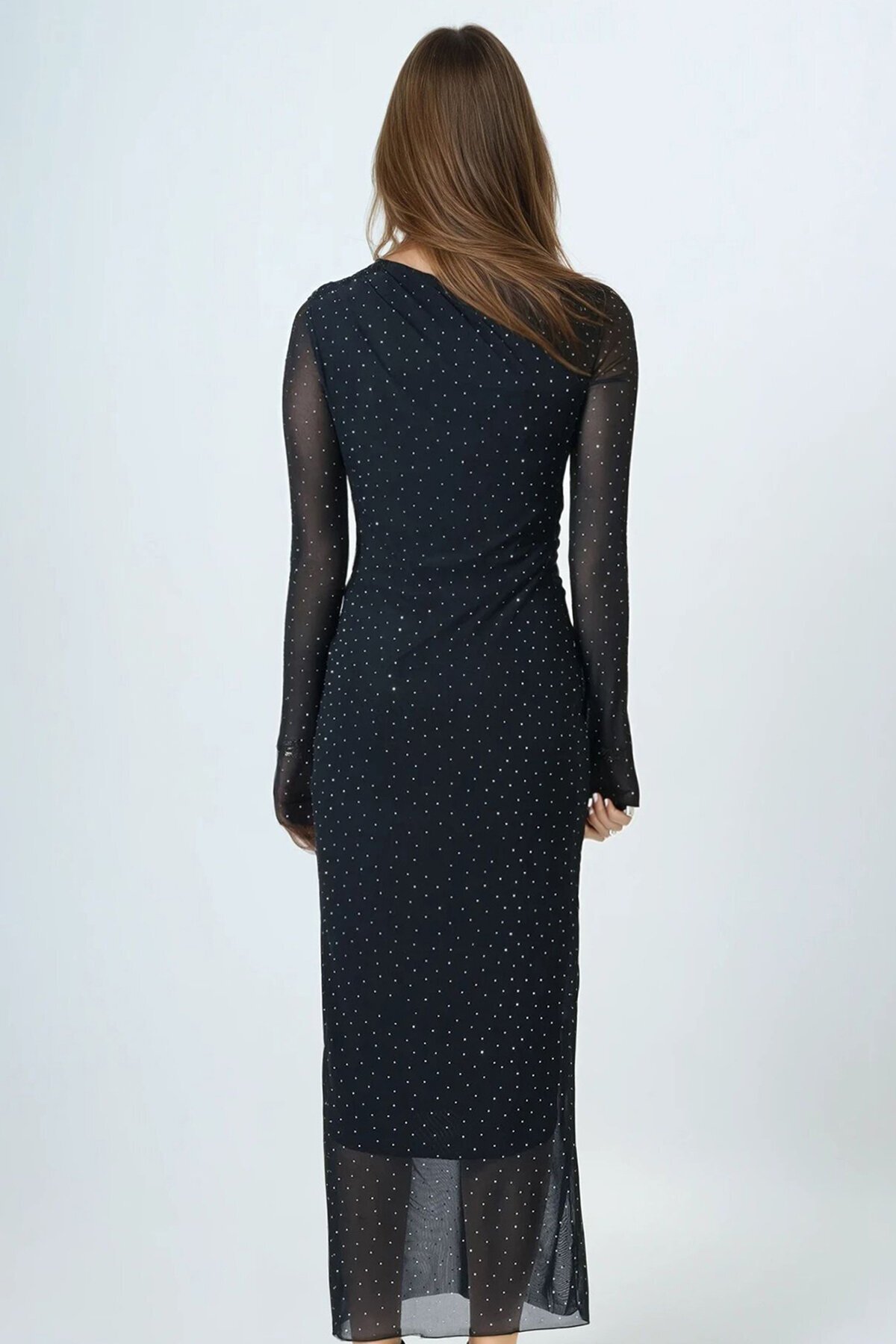 Taş İşlemeli Tek Omuz Drapeli Maxi Boy Elbise