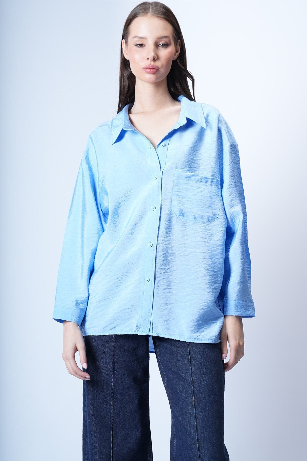 Mavi Tek Cepli Oversize Gömlek