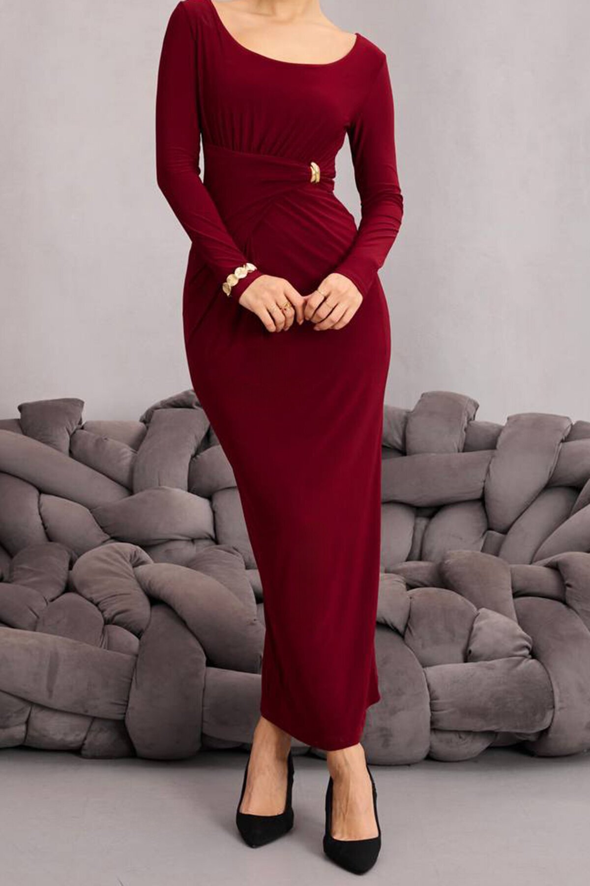 Toka Detaylı Drapeli Midi Boy Elbise