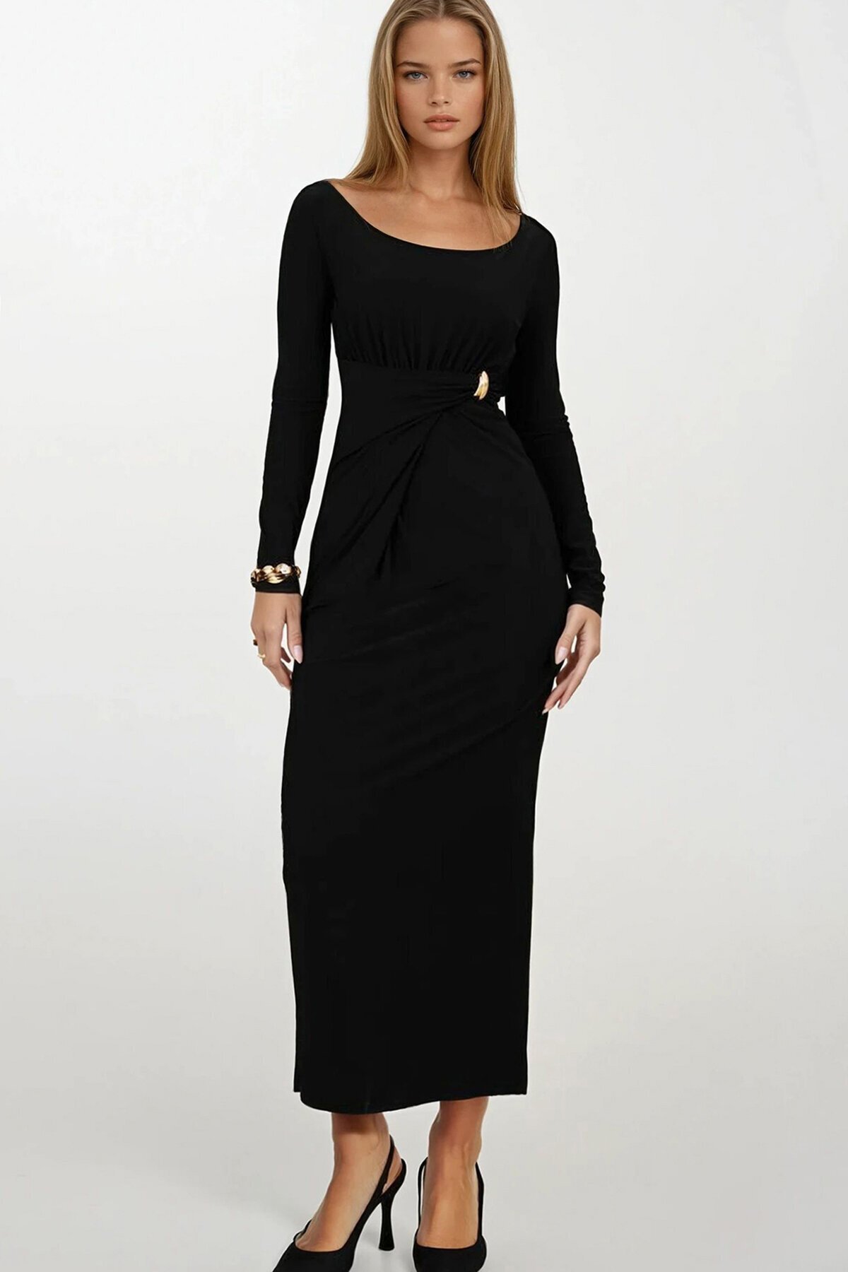 Toka Detaylı Drapeli Midi Boy Elbise