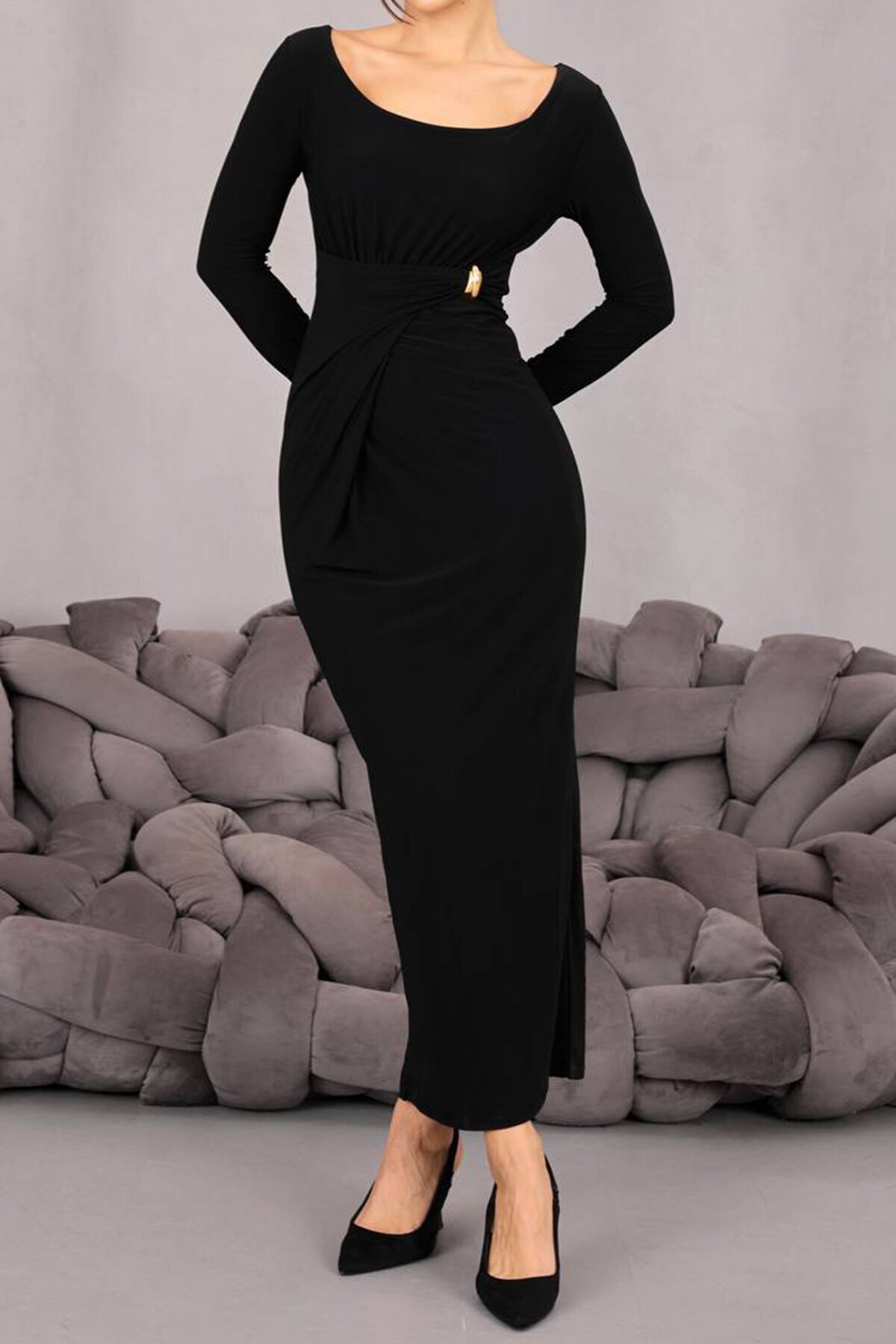 Toka Detaylı Drapeli Midi Boy Elbise